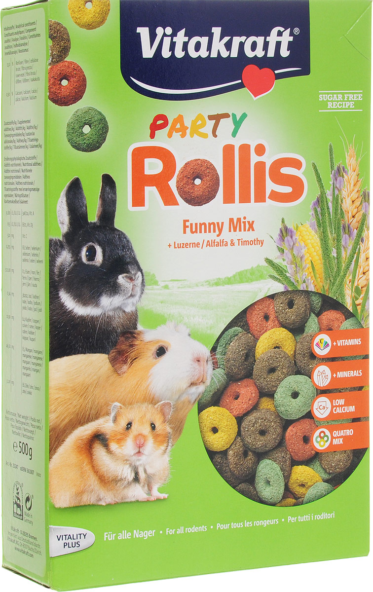 Корм для грызунов Vitakraft Rollis Party, дополнительный, 500 г0120710 Корм для грызунов Vitakraft Rollis Party, дополнительный, 500 г0120710Вкусная и богатая сырой клетчаткой смесьVitakraft Rollis Party - это дополнительный корм для кроликов, морских свинок, шиншилл и дегу. В состав включены колечки, обогащенные жизненно важными витаминами и микроэлементами. Такой корм станет прекрасной добавкой к ежедневному меню вашего питомца.