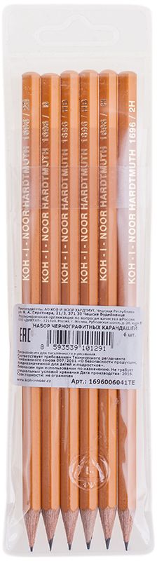 Koh-I-Noor Набор чернографитных карандашей 6 шт 1696006041TE2010440 Koh-I-Noor Набор чернографитных карандашей 6 шт 1696006041TE2010440Набор конструкторских чернографитных карандашей без ластика различной твердости, заточенные. Отлично подойдут для школы, офиса. Из натурального дерева. В наборе 6 штук.