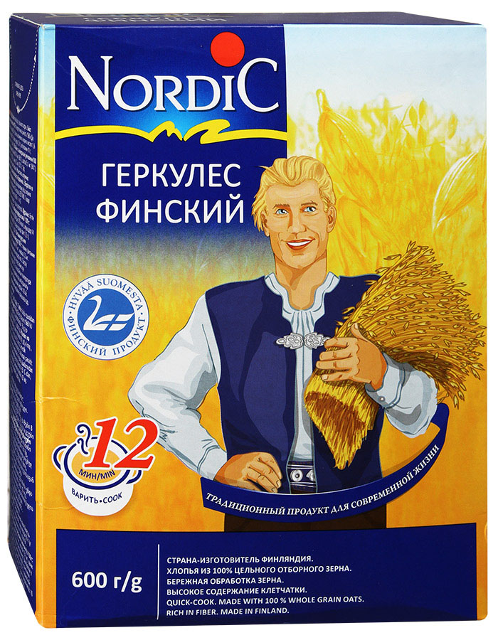 Nordic геркулес финский, 600 г0120710 Nordic геркулес финский, 600 г0120710Время варки привычного нам Геркулеса - 20-25 минут. Благодаря уникальной технологии переработки зерна, Финский Геркулес Nordic варится, действительно, 12 минут.Хлопья для каш Nordic — вкусный продукт для заботливых мам и любимых детей! Место произрастания большей части зерна, из которого производится продукция под маркой Nordic - Финляндия, она традиционно и заслуженно считается одной из самых экологически благополучных стран мира.RAISIO- старейший в Финляндии и заслуженно является одним из уважаемых в мире переработчиков зерна. Собственные поля и селекционный центр RAISIO, позволяют контролировать процесс на всех стадиях: селекция посевного материала, посев, производство и продажа конечного продукта.Уникальная технология RAISIO по очистке зерна и производства хлопьев позволяет сохранить полезные свойства цельного зерна, гарантирует легкость в приготовлении, а также обеспечивает изумительный вкус приготовленных блюд. Хлопья для каш Nordic не содержат консервантов, ароматизаторов и красителей.