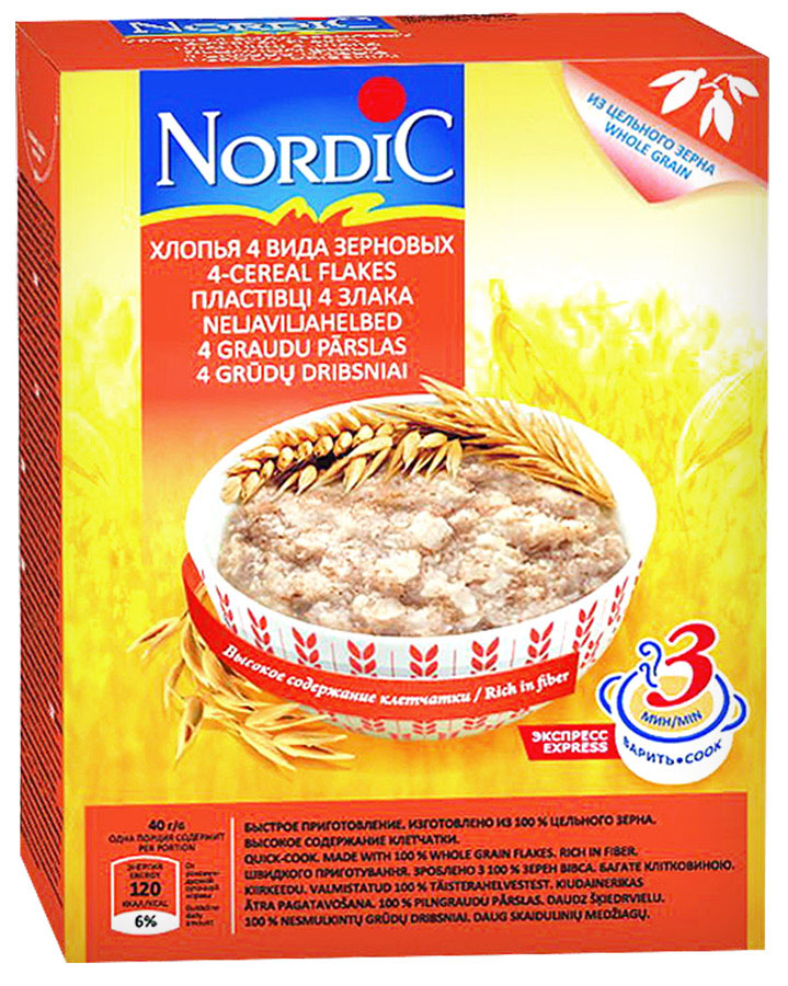 Nordic хлопья 4 вида зерновых, 600 г0120710 Nordic хлопья 4 вида зерновых, 600 г0120710Родина каши Nordic –Финляндия, традиционно и заслуженно считающаяся одной из самых экологически благополучных стран мира. Здесь особенно бережно относятся ко всему, что связано с природой – главным национальным достоянием. Для каши Nordic финские специалисты подобрали максимально полезное сочетание злаков: овес, пшеница, ячмень и рожь. Каша Nordic 4 злака рекомендована всем, кто заботится о своем здоровье и здоровье своих близких!