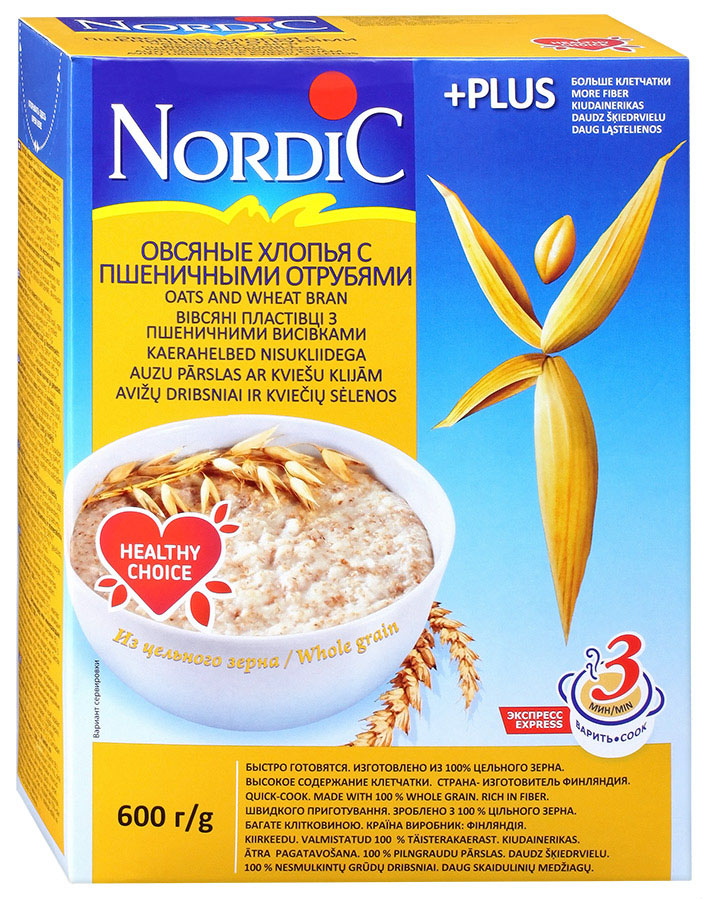 Nordic хлопья овсяные с пшеничными отрубями, 600 г0120710 Nordic хлопья овсяные с пшеничными отрубями, 600 г0120710Овсяные хлопья и пшеничные отруби – это наилучший способ помочь своему организму избавиться от шлаков, укрепить иммунитет и нормализовать пищеварение. Они - прекрасный абсорбент, снижающий уровень холестерина в крови и улучшающий самочувствие. Основная составляющая отрубей – пищевые волокна – способствует распаду жиров и снижают угрозу образования канцерогенов.Идеальное сочетание вкуса и пользы овсяных хлопьев и пшеничных отрубей обеспечивает снабжение организма клетчаткой, а также минеральными веществами и целым комплексом необходимых человеку витаминов группы В,. Это делает отруби полезным продуктом, незаменимым для нормализации пищеварения. Сочетание пшеничных отрубей и овсяных хлопьев обеспечивают очищение организма от шлаков, повышение иммунитета и нормализацию функций пищеварения. Кроме того, они дают заряд бодрости и сил в течение всего дня.