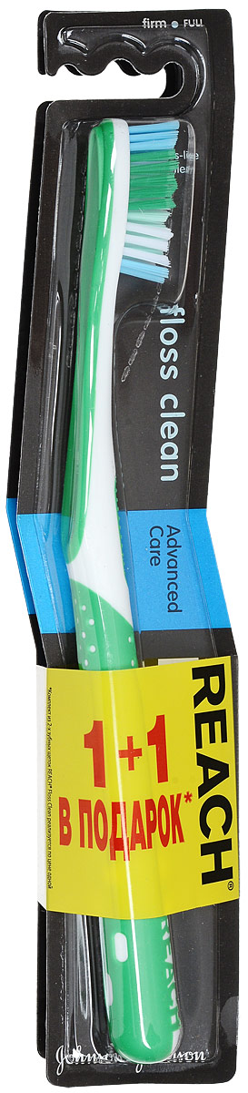 Reach Зубная щетка Floss Clean, жесткая, 1+1, цвет зеленыйFMS-101 Reach Зубная щетка Floss Clean, жесткая, 1+1, цвет зеленыйFMS-101Уникальные тонкие щетинки глубоко проникают в самые узкие межзубные промежутки и превосходно очищают все поверхности зуба, как после использования зубной щетки и нити (флосса), поэтому щетка называется Floss Clean.Удаляет до 96% зубного налета даже в самых труднодоступных местах.Клинические исследования доказали, что Reach Floss Clean удаляет зубной налет со всех пяти поверхностей зубов. Товар сертифицирован.