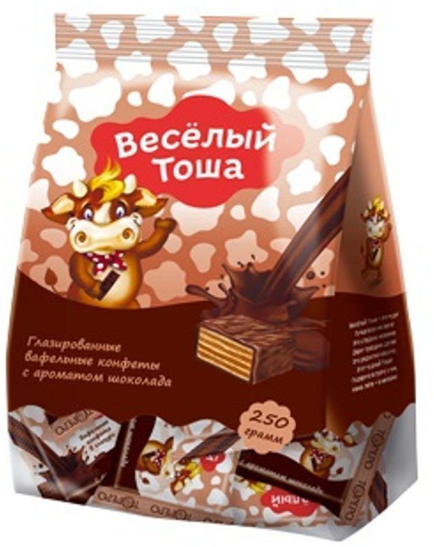 Веселый Тоша конфеты вафельные глазированные с ароматом шоколада, 250 г0120710 Веселый Тоша конфеты вафельные глазированные с ароматом шоколада, 250 г0120710Хрустящие мини вафли в нежной глазури Веселый Тоша в удобной порционной упаковке - увлекательное путешествие в мир вкуса. Не сожержат ГМО, искусственных красителей и ароматизаторов.
