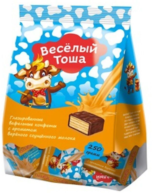 Веселый Тоша конфеты вафельные глазированные со сгущенным молоком, 250 г0120710 Веселый Тоша конфеты вафельные глазированные со сгущенным молоком, 250 г0120710Хрустящие мини вафли в нежной глазури Веселый Тоша в удобной порционной упаковке - увлекательное путешествие в мир вкуса. Не сожержат ГМО, искусственных красителей и ароматизаторов.