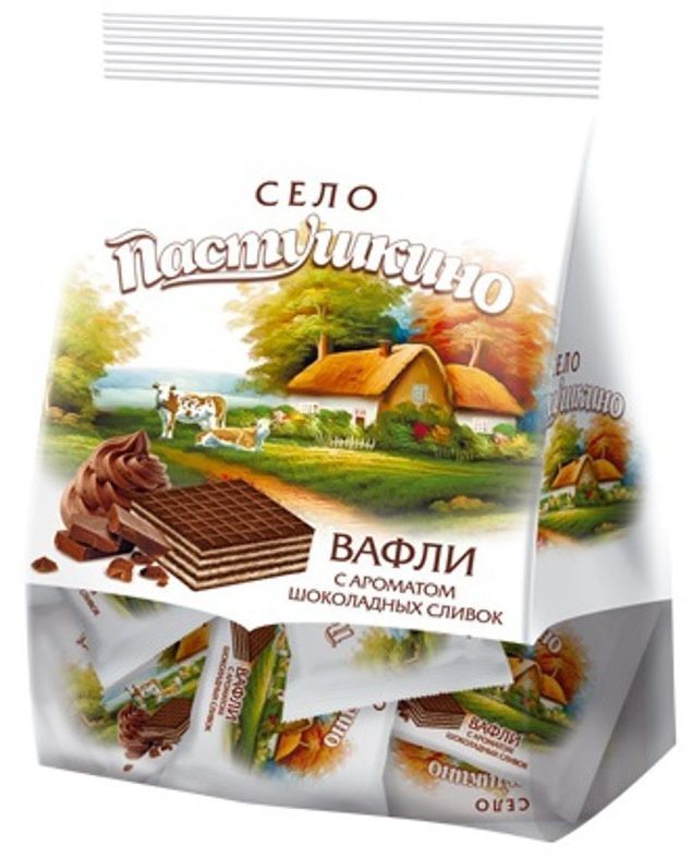 Село Пастушкино вафли с ароматом шоколадных сливок, 250 г0120710 Село Пастушкино вафли с ароматом шоколадных сливок, 250 г0120710Продукция ТМ Село Пастушкино — это разнообразные кондитерские изделия для всей семьи. Вафли Село Пастушкино идеально подходят к чаю или кофе. Это хрустящее чудо, которое напомнит Вам о беззаботном времени летних каникул у бабушки. Удобная порционная упаковка позволяет взять десерт с собой, полакомится и восстановить силы во время рабочего перерыва. Не сожержат ГМО, искусственных красителей и ароматизаторов.