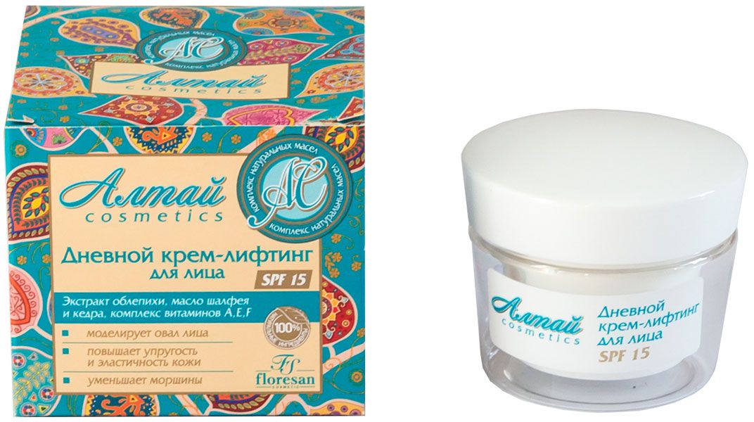 Floresan Алтай Cosmetics Дневной крем-лифтинг для лица SPF 15, 50 мл66-Ф-5-150 Floresan Алтай Cosmetics Дневной крем-лифтинг для лица SPF 15, 50 мл66-Ф-5-150Floresan Алтай COSMETICS Дневной крем-лифтинг для лица SPF 15 50 мл для глубокого восстановления кожи создан на основе экстрактов натуральных продуктов, которые нам щедро дарит природа Алтая. Органическое масло облепихи активно регенерирует и омолаживает кожу, подтягивая контуры лица и шеи. Усиленный витаминный комплекс стимулирует регенерацию клеток и выработку коллагена, предупреждая образование морщин. Эффект усиливается маслами мускатного шалфея и сибирского кедра, которые восстанавливают эластичность и тонус кожи и улучшают цвет лица. Моделирует овал лица, повышает упругость и эластичность кожи, уменьшает морщины.