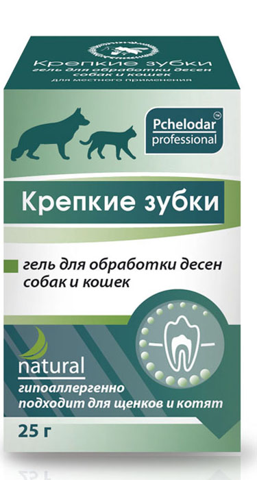Гель для животных Пчелодар Крепкие зубки, для обработки десен0120710 Гель для животных Пчелодар Крепкие зубки, для обработки десен0120710Эффективный препарат Крепкие зубки гель предназначен для профилактики различных заболеваний ротовой полости у животных. Активные экологически чистые компоненты препарата Крепкие зубки глубоко и быстро проникают в мягкие ткани и слизистую оболочку полости рта животного, оказывая выраженное противовоспалительное, антисептическое, легкое анестезирующее и регенерирующее действие. Содержание натурального экстракта прополиса и сбора рав позволяет при регулярном использовании препарата Крепкие зубки бережно и эффективно ухаживать за ротовой полостью, профилактировать образование налета и зубного камня. Ментол, входящий в состав, помогает быстро устранить неприятный специфический запаха из пасти животного. Гель Крепкие зубки высокоэффективен при дискомфорте в ротовой полости (отечность, покраснение и болезненность десен) при прорезывании молочных зубов и при различных заболеваниях полости рта у животных.СОСТАВ:экстракт прополиса, эфирное масло мяты, ментол, экстракты ромашки, календулы, эвкалипта, шалфея, коры дуба, подорожника, диметилсульфоксид, Д-пантенол, карбомер, вода очищенная.ПОКАЗАНИЯ:препарат Крепкие зубки показан для профилактики образования зубного налета и камня, для устранения неприятного запаха из пасти; при воспалительных процессах и при прорезывании молочных зубов. А также в качестве вспомогательного средства при острых и хронических заболеваний ротовой полости: стоматит (в том числе афтозный), гингивит, периодонтит, пародонтит, пародонтоз, периодонтальный абсцесс, постэкстракционный альвеолит, травмы и т.д.Препарат Крепкие зубки рекомендовано использовать при любых хирургических вмешательствах в ротовой полости (после удаления зубов, зубного налета или камня у животного), для профилактики осложнений.СПОСОБ ПРИМЕНЕНИЯ:препарат Крепкие зубки наносят в достаточном количестве на слизистые оболочки десен 2-3 раза в день в течение 7-10 дней. При необходимости гигиенические процедуры можно продолжить или повторить через 2-3 дня.После применения препарата Крепкие зубки следует воздержаться от дачи воды и корма животному в течение 30 минут.УСЛОВИЯ ХРАНЕНИЯ:срок годности при соблюдении условий хранения — 2 года со дня изготовления.ОТПУСКАЕТСЯ БЕЗ РЕЦЕПТА ВЕТЕРИНАРНОГО ВРАЧА.