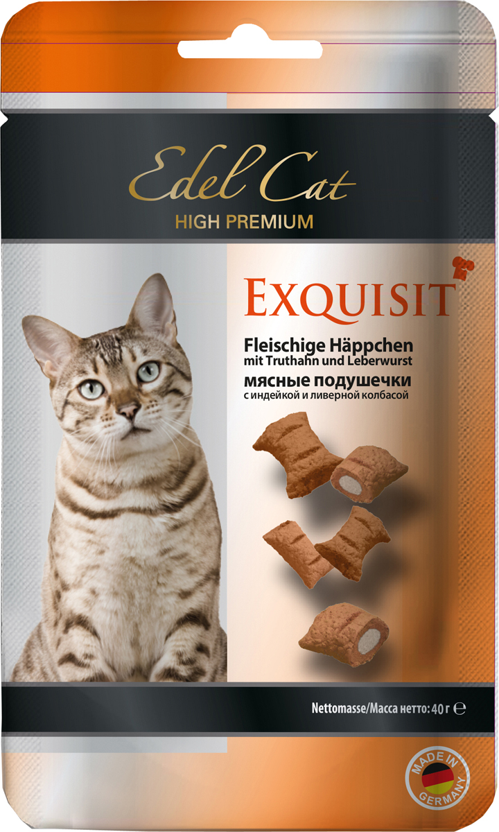 Лакомство для кошек Edel Cat, мясные подушечки с индейкой и ливерной колбасой, 400 г0120710 Лакомство для кошек Edel Cat, мясные подушечки с индейкой и ливерной колбасой, 400 г0120710Мясное канапе с индейкой и ливерной колбасой. Изысканные мясные лакомства для вашего любимца. Нежный фарш ливерной колбасы и индейки побалуют вашу кошку. Лакомства, обогащенные таурином. Изысканное удовольствие для вашего питомца.Состав: мясо и мясопродукты (26% индейки, 1,4% ливерной колбасы), овощи, растительные экстракты белка, дрожжи, минеральные вещества, растительные продукты.