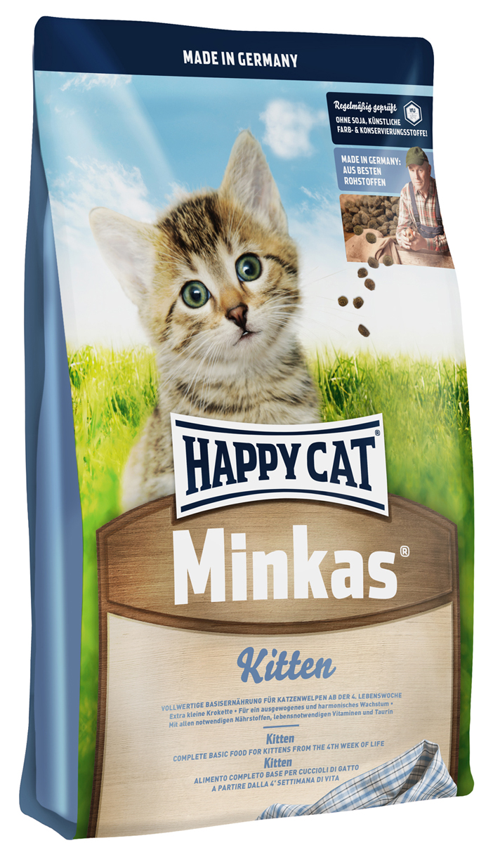 Корм сухой Happy Cat Minkas Kitten для котят, 10 кг513550 Корм сухой Happy Cat Minkas Kitten для котят, 10 кг513550Minkas Kitten — полноценный базовый корм для котят начиная с 4-й недели жизни. Благодаря ценным белкам из мяса птицы,высококачественным злаковым составляющим и отсутствию сои этот продукт нравится кошкам и легко усваивается. Состав: Птица*, птичий жир, картофельные хлопья, кукурузная мука, пшеница, кукуруза, мясопродукты, рыба, свекольная пульпа*, лигноцеллюлоза, масло из семян подсолнечника, яблочная пульпа**, хлорид натрия, рапсовое масло; (*сухие, с частичным гидролизом; ** сушеные).Минеральные вещества: железо (E1, железа (II) сульфат) 130 мг, медь 12 мг, сульфат меди (II), цинк (E 6, оксид цинка) 100 мг, марганец (E5, марганца (II) оксид) 15 мг, йод (йодат кальция 3b202) 1,5 мг, селен (E8, селенит натрия) 0,15 мг.