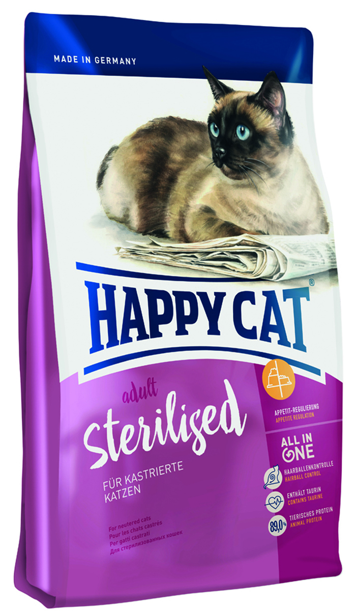 Корм сухой Happy Cat Minkas Sterilised для стерилизованных кошек и кострированных котов, 1,5 кг0120710 Корм сухой Happy Cat Minkas Sterilised для стерилизованных кошек и кострированных котов, 1,5 кг0120710Minkas Sterilised — полноценный базовый корм с небольшим количеством жиров и специально подобранным уровнем балластных веществ для взрослых стерилизованных кошек. Благодаря ценным белкам из мяса птицы, высококачественным хрустящим злаковым составляющим и отсутствию сои этот продукт нравится кошкам и легко усваивается. Состав: Птица, пшеница, кукуруза, мясопродукты, кукурузная мука, клетчатка, рыба, птичий жир, свекольная пульпа*, масло из семян подсолнечника, яблочная пульпа*, хлорид натрия, рапсовое масло; (**сухой, с частичным гидролизом *сушёный). Минеральные вещества: железо (E1, железа (II) сульфат) 130 мг, медь 12 мг, сульфат меди (II), цинк (E 6, оксид цинка) 100 мг, марганец (E5, марганца (II) оксид) 15 мг, йод (E2, кальция йодат безводный 3b202) 1,5 мг, селен 0,15 мг, селенит натрия.