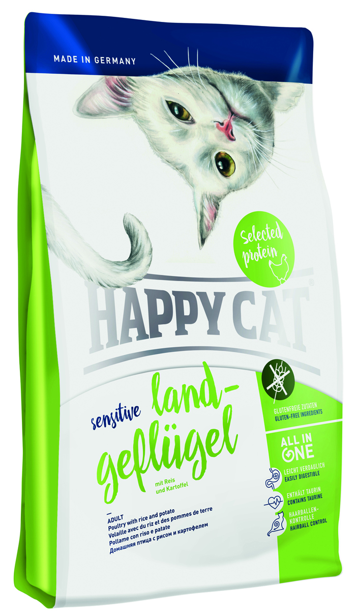 Корм сухой Happy Cat Sensitive для кошек, с домашней птицей, 1,4 кг0120710 Корм сухой Happy Cat Sensitive для кошек, с домашней птицей, 1,4 кг0120710Многие кошки чувствительно реагируют на обычную кошачью еду. Непереносимость досаждает владельцам мягколапок,таккак требуется специально составленный высококачественный корм, к тому же он должен быть особенно вкусным, для того что бы и гурманы кошачьего мира охотно принимали его. Happy Cat Sensitive домашняя птица питательный сухой корм, который был специально создана для взрослых кошек средней активности с или без непереносимости. Домашняя птица монобелковый корм с высоким содержанием протеина. Осознано были исключены злаки и рыба, зато были добавлены полезные рис, картофель и яблоко.Все важные компоненты, основанные на революционном концептеALL IN ONE,которые нужны кошкам для активного образа жизни так же содержатся и в этом корме HAPPY CAT, а именно: профилактика скопления шерсти, уход да полостью рта, Омега 3 и Омега 6 для кожи и шерсти, гарантированная вкусовая привлекательность, большое количество животного протеина и HAPPY CAT Naturallife Concept. Данный комплекс имеет большое содержание таурина и минеральных веществ которое обеспечивает оптимальный уровень кислотности и тем самым является профилактикой образования мочекаменной болезни.Состав: Птица (23%)*/**, рисовая мука (22%), рисовый протеин (19,5%), птичий жир, картофельные хлопья (5%), гидролизат печени, клетчатка, масло из семян подсолнечника, свекольная пульпа*, хлорид на-трия, яблочная пульпа (0,5%), дрожжи, рапсовое масло, хлорид калия, морские водоросли (0,2%), семя льна (0,2%), Юкка Шидигера* (0,04%), корень цикория* (0,04%), дрожжи* (экстрагированные), расторопша, артишок, одуванчик, имбирь, березовый лист, крапива, ромашка, кориандр, розмарин, шалфей, корень солодки, тимьян (общий объём сухих трав: 0,18%); **) из контролируемого экологического хозяйства, *) в сушёном виде. Минеральные вещества: железо 120 мг (сульфат железа (II)), медь 12 мг (сульфат меди (II)), цинк 150 мг (оксид цинка), марга-нец 30 мг ( оксид марганца (II)), йод 2, 5 мг (йодат кальция 3b202), селен 0, 2 мг (селенит натрия).