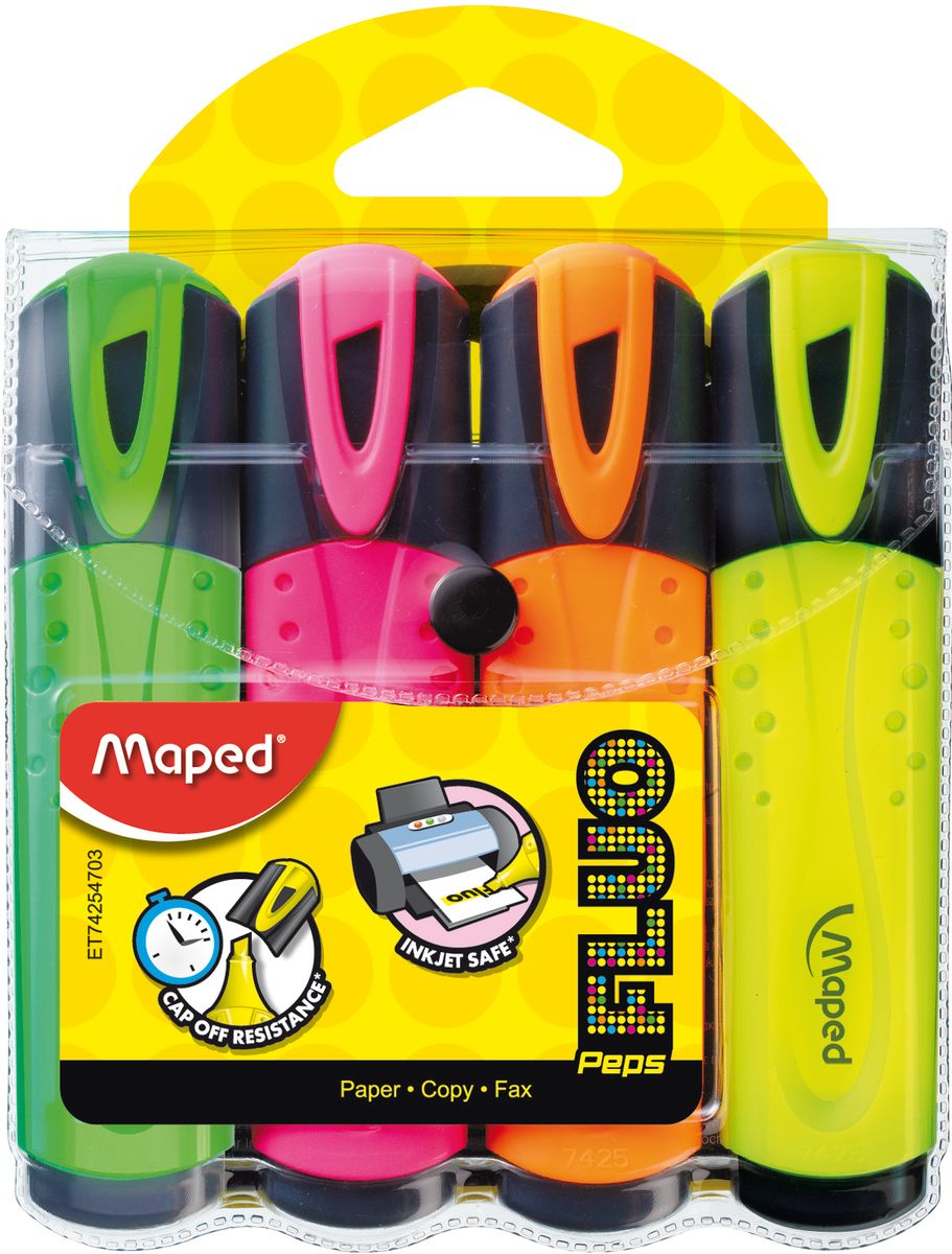 Maped Набор маркеров Fluo PepS 4 цветаFS-36054 Maped Набор маркеров Fluo PepS 4 цветаFS-36054Текстовыделитель классический, пишущий узел 1-5мм, устойчивые в солнечному свету чернила, набор 4 шт.