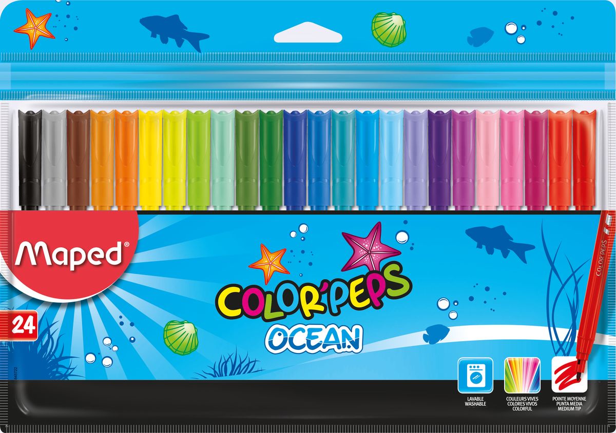 Maped Набор фломастеров Colorpeps Ocean 24 цвета72523WD Maped Набор фломастеров Colorpeps Ocean 24 цвета72523WDФломастеры с заблокированным пишущим узлом - супер смываемые, в пакете с подвесом 24 шт.