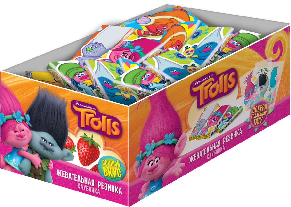 Trolls жевательная резинка с тату, 100 шт по 2,5 г0120710 Trolls жевательная резинка с тату, 100 шт по 2,5 г0120710Жевательная резинка в бумажной обертке с татушкой внутри.