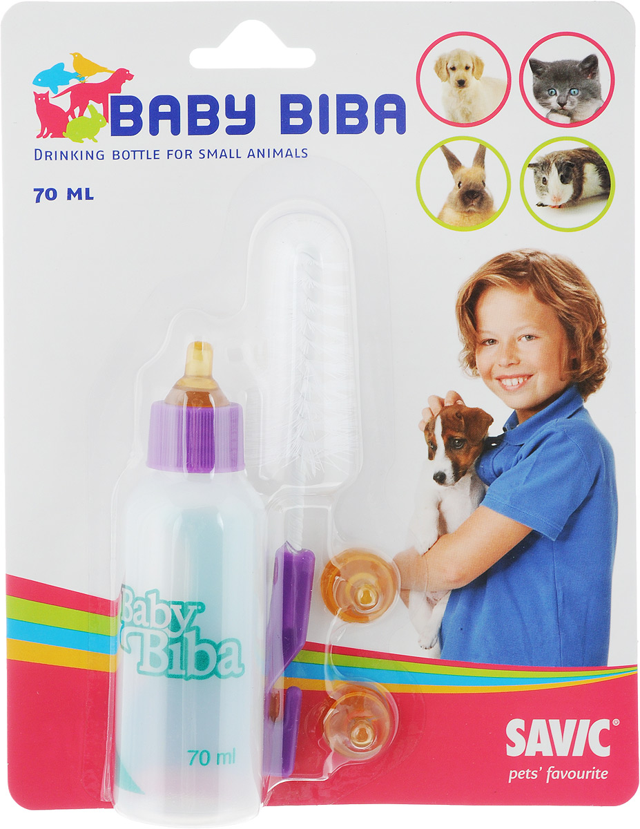Бутылочка для кормления животных Savic Baby Biba, с 3 сосками и ершиком, 70 мл0120710 Бутылочка для кормления животных Savic Baby Biba, с 3 сосками и ершиком, 70 мл0120710Бутылочка Savic Baby Biba оснащена соской и предназначена для вскармливания животных. Небольшой объем емкости не будет утяжелять руку во время кормления, широкое горлышко позволит беспрепятственно наливать еду в бутылку, а мерная шкала точно определит объем съеденного питания. Изделие выполнено из безопасных для животного материалов и станет вам верным помощником на самом важном этапе взросления любимца.В комплект входитбутылочка, 3 соски и ершик для мытья. Материал: пластик, текстиль, металл.Объем бутылочки: 70 мл.