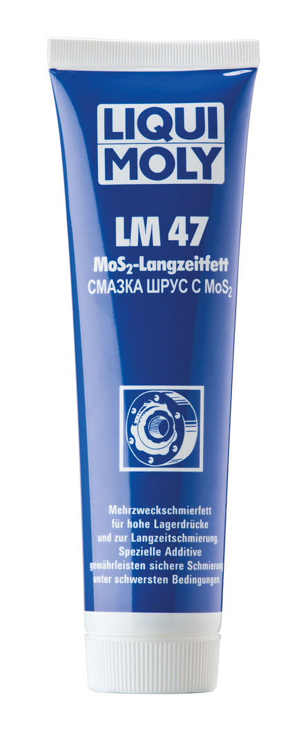 Смазка Liqui Moly LM 47 Langzeitfett + MoS2, с дисульфидом молибдена, 100 гS03301004 Смазка Liqui Moly LM 47 Langzeitfett + MoS2, с дисульфидом молибдена, 100 гS03301004Темно-серая консистентная смазка Liqui Moly LM 47 Langzeitfett + MoS2 второго класса NLGI для первичной и регулярной смазки высоконагруженных деталей автомобилей, инструментов, механизмов и сельскохозяйственных машин. Таких как подшипники качения и скольжения, шлицевые валы, резьбы, шарниры равных угловых скоростей (ШРУС), используемые в приводах ведущих колес самоходной техники. Хорошо воспринимает высокие ударные нагрузки и скорости вращения. Стойка к воздействию воды. Температурный диапазон использования от -30°С до +125°С.Особенности:Эффективно смазывает, значительно снижает трение, увеличивает ресурс агрегатов.Защищает от задира.Отлично держится на поверхности.Устойчива к вымыванию горячей и холодной водой.Предотвращает рывки и вибрации.Выдерживает высокие давления.Обеспечивает отличные смазывающие и разделяющие свойства.Применяется в широком диапазоне температур.Серо-черного цвета.Основа: минеральное масло.Товар сертифицирован.
