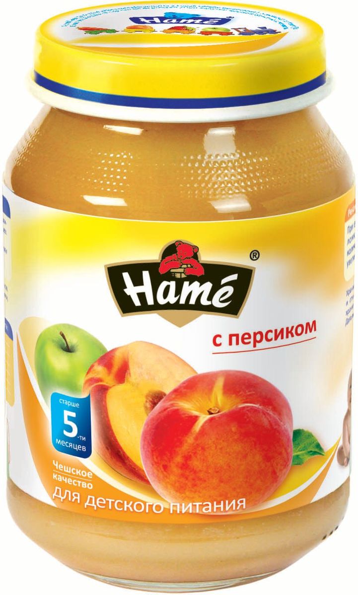 Hame персик фруктовое пюре, 190 г0120710 Hame персик фруктовое пюре, 190 г0120710Фруктовое пюре для детей раннего возраста. Чешское качество.Пищевая ценность в 100 г продукта:Белок, г - 0,3Жир, г - 0,3Углеводы, г - 19,9Энергетическая ценность 343 кДж/82 ккалПри вскрытии банки должен быть слышен хлопок. Чистой сухой ложкой перемешать содержимое и взять необходимое количество. Прием пюре начинать с 1 чайной ложки в день, увеличивая к 12 мес. до 100 г. в день. Не добавлять сахар.