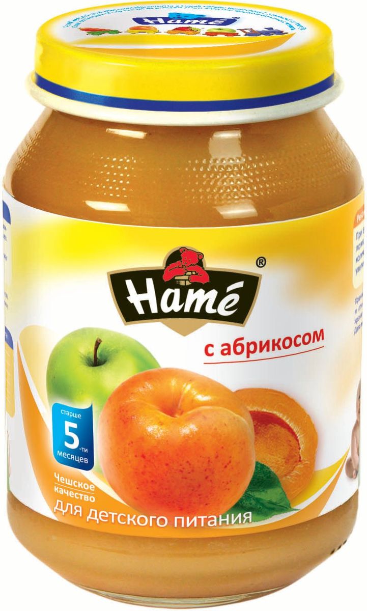 Hame абрикос фруктовое пюре, 190 г0120710 Hame абрикос фруктовое пюре, 190 г0120710Фруктовое пюре для детей раннего возраста. Чешское качество.Пищевая ценность в 100 г продукта:Белок, г - 0,3Жир, г - 0,3Углеводы, г - 19,9Энергетическая ценность 343 кДж/82 ккалПри вскрытии банки должен быть слышен хлопок. Чистой сухой ложкой перемешать содержимое и взять необходимое количество. Прием пюре начинать с 1 чайной ложки в день, увеличивая к 12 мес. до 100 г. в день. Не добавлять сахар.