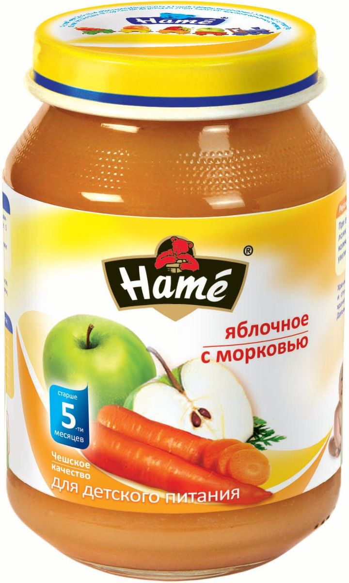 Hame яблоко - морковь фруктовое пюре, 190 г0120710 Hame яблоко - морковь фруктовое пюре, 190 г0120710Фруктовое пюре для детей раннего возраста. Чешское качество.Пищевая ценность в 100 г продукта:Белок, г - 0,3Жир, г - 0,3Углеводы, г - 17,3Энергетическая ценность 312кДж/74 ккалПри вскрытии банки должен быть слышен хлопок. Чистой сухой ложкой перемешать содержимое и взять необходимое количество. Прием пюре начинать с 1 чайной ложки в день, увеличивая к 12 мес. до 100 г. в день. Не добавлять сахар.