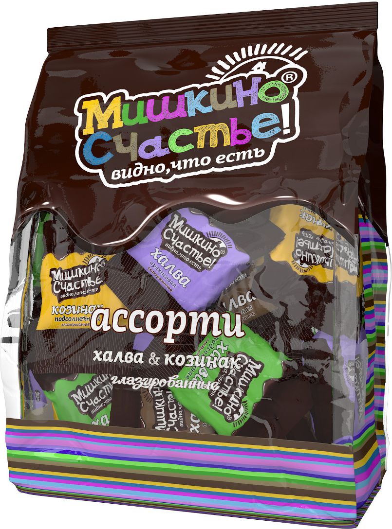 Мишкино счастье конфеты ассорти халва и козинак глазированные, 345 гВР0345М Мишкино счастье конфеты ассорти халва и козинак глазированные, 345 гВР0345МАссорти конфет в нежной глазури халвы подсолнечной, арахисовой, подсолнечной с какао и подсолнечного козинака - это идеальный вкусный подарок.
