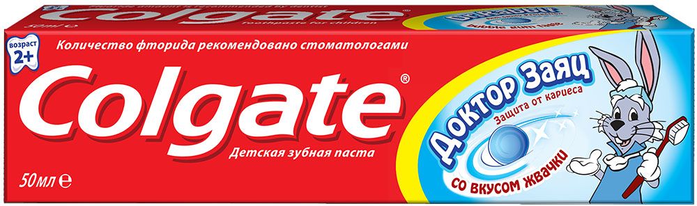 Colgate Зубная паста Доктор Заяц вкус жвачки, 50 мл5010777139655 Colgate Зубная паста Доктор Заяц вкус жвачки, 50 мл5010777139655Малышей бывает сложно уговорить чистить зубы, поэтому родители идут на любые ухищрения, чтобы привить детям эту полезную привычку. В этом может помочь зубная паста Colgate «Доктор Заяц» для детей 2+ со вкусом жвачки или клубники.Чистить зубы такой зубной пастой не только приятно, но и полезно. Эта гелевая зубная паста специально разработана для малышей старше 2 лет.Детям до 6 лет рекомендуется использовать количество зубной пасты размером с горошину под присмотром взрослых. Не глотатьБезопасное количество фтора в зубной пасте оптимально подходит для эффективного ухода за детскими зубками. Безопасное количество фтора в зубной пасте оптимально подходит для эффективного ухода за детскими зубками, Специальная формула помогает защитить зубы от кариеса, Вкус клубники или жвачки определенно понравится вашему малышу, и он будет с удовольствием чистить зубы утром и вечером!
