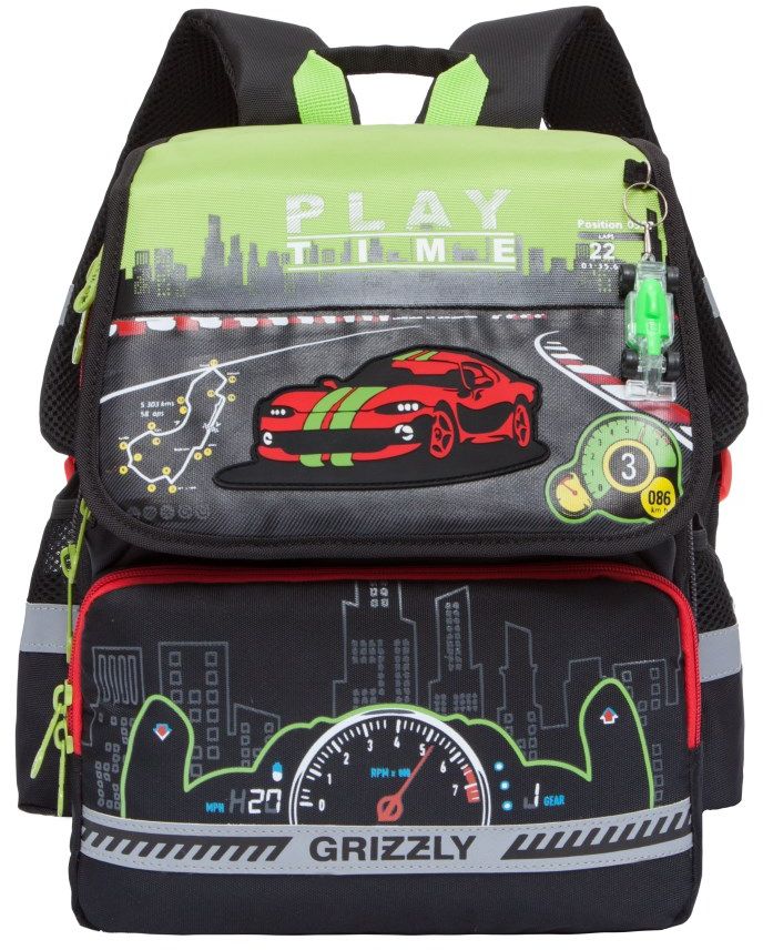 Grizzly Рюкзак школьный цвет черный салатовый RA-777-172523WD Grizzly Рюкзак школьный цвет черный салатовый RA-777-172523WDРюкзак школьный, два отделения, клапан на липучках, два объемных кармана на молнии на передней стенке, внутренний составной пенал-органайзер, жесткая анатомическая спинка, дополнительная ручка-петля, укрепленные лямки, брелок-игрушка, светоотражающие элементы с четырех сторон.