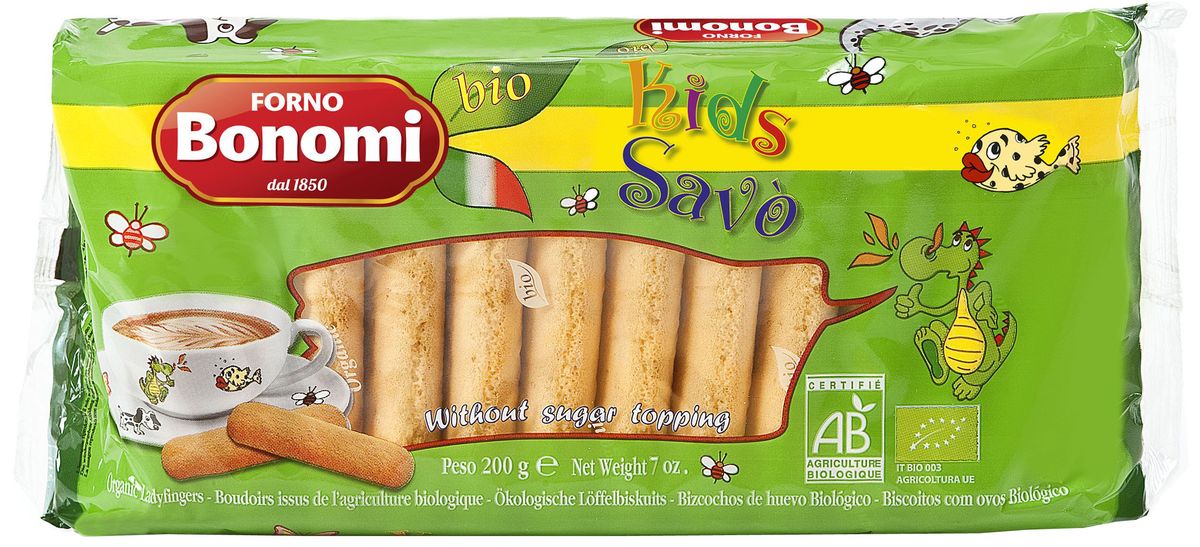 Forno Bonomi Савоярди Био Киндер печенье, 200 г0120710 Forno Bonomi Савоярди Био Киндер печенье, 200 г0120710Савоярди Био Киндер Саво Bonomi – классическое печенье в яркой упаковке, приготовлено по специально разработанному рецепту, из экологически чистых ингредиентов. История компании Форно Бономи восходит к 1850 году, когда Форно Бономи открыл семейную пекарню в маленькой живописной деревне Веро Веронезе, расположенной высоко в горах неподалеку от Вероны, города Ромео и Джульетты.Со временем популярность кондитерских изделий росла и благодаря усилиям трех братьев, Дарио, Ренато и Фаусто и семейная компания Форно Бономи расширялась.Залог успеха компании Forno Bonomi - великолепное качество кондитерских изделий, которые традиционно производятся по семейной рецептуре с использованием натуральных ингредиентов. В компании работает более 150 сотрудников, создавая и совершенствуя различные продукты и технологии, направленные на улучшение качества. Кондитерские изделия ТМ Forno Bonomi представлены более чем в 90 странах мира.Компания неизменно находится в том же живописном месте: в высокогорье Ровере, сохраняя неизменным подход к качеству и деталям, позволившим стать компании Forno Bonomi крупнейшим мировым производителем всеми любимого печенья савоярди.Печенье Савоярди Forno Bonomi рекомендовано Федерацией итальянских шеф-поваров (FIC) для приготовления традиционного итальянского десерта Тирамису