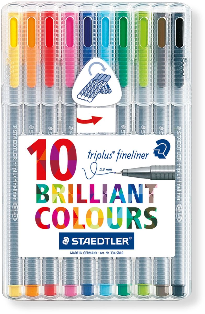 Staedtler Набор капиллярных ручек Triplus 334 10 цветов72523WD Staedtler Набор капиллярных ручек Triplus 334 10 цветов72523WDНабор трехгранных капиллярных Triplus в пластиковой коробке-подставке. 10 ярких цветов в ассортименте. Эргономичная форма для удобного и легкого письма. Пишущий узел завальцован в металл. Защита от высыхания - может быть оставлен без колпачка на несколько дней (тест ISO). Чернила на водной основе. Отстирываются с большинства тканей. Корпус из полипропилена гарантирует долгий срок службы. Толщина линии примерно 0,3 мм.