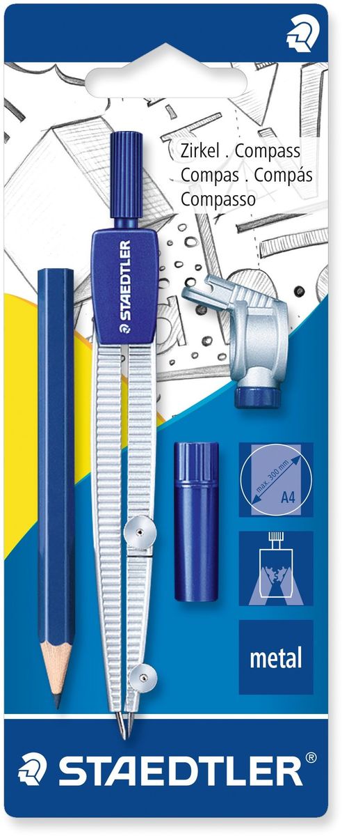 Staedtler Циркуль Noris Club 550 30 см с грифелями адаптером карандашом72523WD Staedtler Циркуль Noris Club 550 30 см с грифелями адаптером карандашом72523WDЦиркуль Noris Club 550 60 со сгибающейся ножкой в картонной упаковке. Содержит: циркуль 550 60, упаковку запасных грифелей, универсальный адаптер, 1 шт. чернографитовый карандаш. Точный циркуль для первых занятий черчением в школе с безопасной тупоугольной иглой. Максимальный диаметр окружности приблизительно 300 мм. Длина 124 мм.
