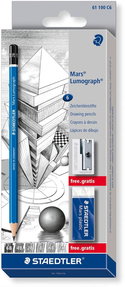 Staedtler Набор чернографитовых карандашей Lumograph 100 6 шт72523WD Staedtler Набор чернографитовых карандашей Lumograph 100 6 шт72523WDВысококачественный карандаш для письма, черчения и набросков на бумаге и матовой чертежной пленке. Непревзойденная устойчивость к поломке благодаря cспециально разработанному составу грифеля и особой проклейке. Четкое нанесение линий. При производстве используется древесина сертифицированных и специально подготовленных лесов. Набор из 6 карандашей в картонной упаковке. Степени твердости: 2H, HB, B, 2B, 4B, 6B + 1 шт ластик 52653 + 1 шт точилка металлическая 51010.