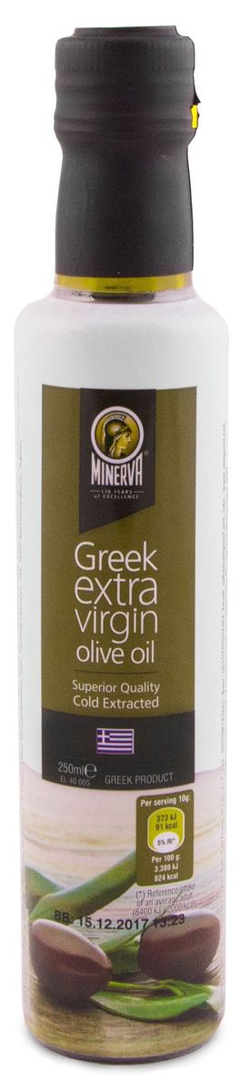 Minerva Extra Virgin оливковое масло, 250 мл0120710 Minerva Extra Virgin оливковое масло, 250 мл0120710Греческое оливковое масло Minerva Extra Virgin первого холодного отжима произведено из оливок сорта Коронейки. Это отборное масло позволяет почувствовать насыщенный фруктовый вкус свежесобранных оливок.
