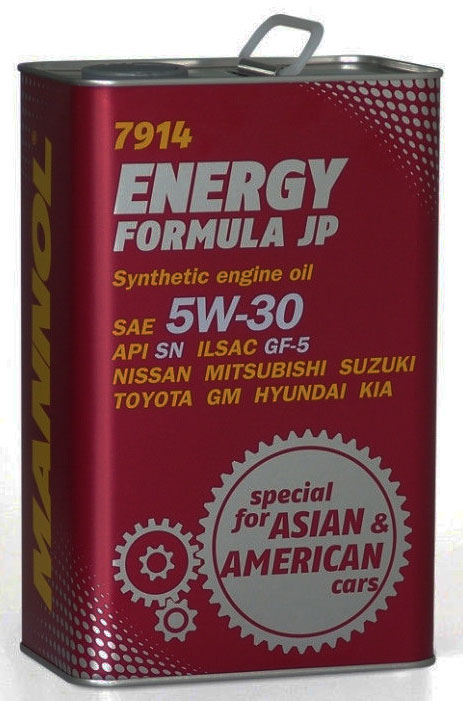 Масло моторное MANNOL Energy Formula JP, 5W-30, синтетическое, 4 л148646 Масло моторное MANNOL Energy Formula JP, 5W-30, синтетическое, 4 л148646Моторное масло MANNOL Energy Formula JP - универсальное моторное масло предназначенное для двигателей японских, корейских и американских легковых автомобилей, минивэнов, внедорожников, SUV и микроавтобусов. Разработано специально для двигателей с системами непосредственного впрыска (GDI, D-4D, NEO-DI), с турбонаддувом, а также с различными механизмами изменения фаз газораспределения (DOHC, VVT-i, VTC, CVVT, VTEC, VVL, VVTL-i, MIVEC и др). Обладает высокими антиокислительными свойствами и превосходными моюще-диспергирующими характеристиками, что предупреждает образование отложений на деталях двигателя. Современный пакет присадок гарантирует прочную смазочную пленку в самых жестких условиях эксплуатации. Обеспечивает легкий пуск двигателя при низких температурах.Допуски и соответствия ILSAC GF-5, GM dexos 1. Вязкость при -30°C: 5420 CP. Вязкость при 100°C: 11,4 CSt.Вязкость при 40°C: 67,2 CSt.Индекс вязкости: 164.Плотность при 15°C: 850 kg/m3.Температура вспышки COC: 224 °C.Температура застывания: -42 °C.Щелочное число: 8,12 gKOH/kg.Товар сертифицирован.
