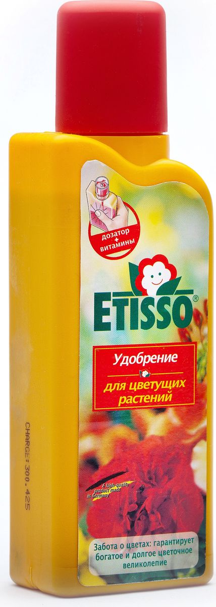 Удобрение Etisso, для цветущих комнатных и балконных растений, 250 мл1231-851 Удобрение Etisso, для цветущих комнатных и балконных растений, 250 мл1231-851Жидкое удобрение для цветущих растений Etisso содержит специальный комплекс веществ в легко усвояемой и идеально сбалансированной форме, необходимых для полноценного питания растений во время цветения. Это комплексное концентрированное удобрение ускоряет начало цветения, стимулирует образование многочисленных бутонов, способствует обильному пышному и долгому росту ваших растений. Обеспечивает насыщенную окраску цветов.