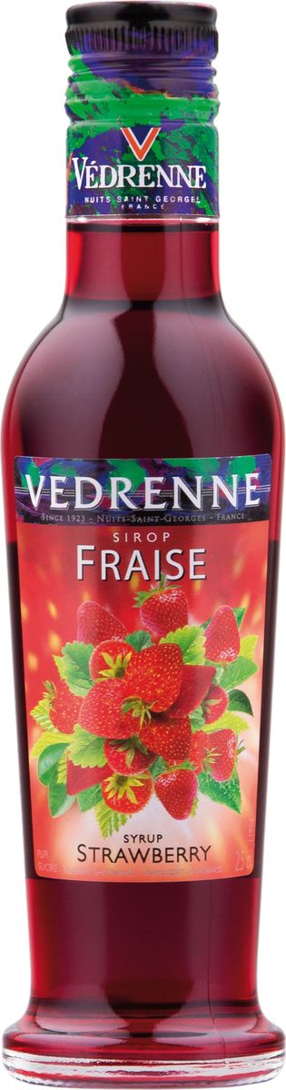 Vedrenne клубника сироп, 250 мл12128 Vedrenne клубника сироп, 250 мл12128В настоящее время компания Vedrenne считается одним из лучших производителей высококлассных сиропов, отличающихся натуральным вкусом, а также насыщенным ароматом и глубоким цветом. Фруктовые сиропы Vedrenne пользуются большой популярностью не только во Франции (где их широко используют как в сегменте HoReCa, так и в домашних условиях), но и экспортируются более чем в 50 стран мира.Сиропы изготавливаются на основе натурального растительного сырья, фруктовых и ягодных соков прямого отжима, цитрусовых настоев, а также с использованием очищенной воды без вредных примесей, что позволяет выдержать все ценные и полезные свойства натуральных фруктово-ягодных плодов и трав. В состав сиропов входит только натуральный сахар, произведенный по традиционной технологии из сахарозы.Благодаря высокому содержанию концентрированного фруктового сока сиропы Vedrenne обладают изысканным ароматом и натуральным вкусом, являются эффективным подсластителем при незначительной калорийности. Они оптимизируют уровень влажности и процесс кристаллизации десертов, хорошо смешиваются с другими ингредиентами и способствуют улучшению вкусовых качеств напитков и десертов.Сиропы Vedrenne разливаются в стеклянные бутылки с яркими этикетками, на которых изображен фрукт, ягода или другой ингредиент, определяющий вкусовые оттенки того или иного продукта Vedrenne. Емкости с сиропами Vedrenne герметичны и поэтому не позволяют содержимому контактировать с микроорганизмами и другими губительными внешними воздействиями. Кроме того, стеклянные бутылки выглядят оригинально и стильно. Клубничный сироп добавляют в различные коктейли, лимонады, мороженое, кофе и холодный чай. Кстати, хозяйкам на заметку: клубничный сироп можно добавить в натуральные компоты. Цвет: глубокий красный.Аромат: насыщенный, душистый аромат свежих ягод клубники. Вкус: натуральный, яркий вкус с нотами клубники.Рецепт Арбузный физ Ингредиенты: • 20 мл сиропа Vedrenne Клубника • 40 мл джина • 1 долька арбуза • 20 мл лимонного сока • 2 чайные ложки сахара • крошеный лёд.Способ приготовления: В бокал положить мякоть арбуза, предварительно удалив косточки. Добавить сахар, сироп. Ингредиенты подавить мадлером в бокале. Добавить крошеный лёд до края бокала. Поверх льда налить джин. Перемешать барной ложкой (вместо арбуза можно использовать другие фрукты).