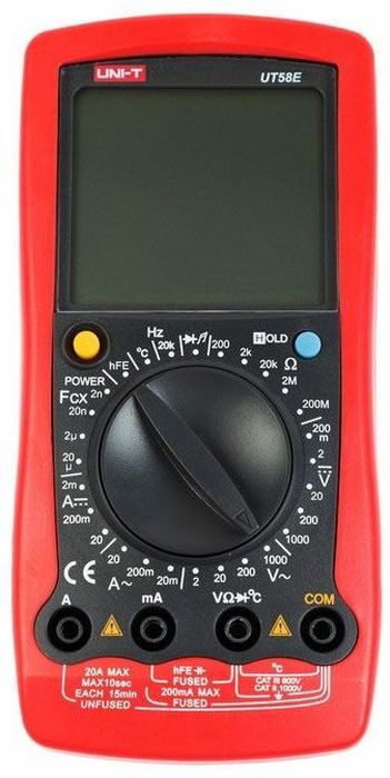 Универсальный мультиметр UT 58E13-1025 Универсальный мультиметр UT 58E13-1025UT58E- это профессиональный мультиметр с современный и эргономичным дизайном. Выделяется из серии приборово UT 58 разрешением дисплея 4 с половиной разряда и самой низкой базовой погрешностью, что делает его наиболее точным. У всех остальных мультиметров этой серии разрешение дисплея составляет три с половиной разряда. Предназначен прибор, для измерений постоянного и переменного напряжения, сопротивления, постоянного и переменного тока. Кроме того он имеет функции измерения электрической емкости, частоты и температуры, а так же с его помощью вы сможете тестировать диоды и проводить прозвонку целостности цепи. Данный прибор обладает высоким классом точности показаний. Дисплей прибора оснащен подсветкой, которая позволяет проводить измерения даже в слабоосвещенных местах. Широкий функционал мультиметра UT50E позволяет обходиться без других вспомогательных устройств. Прибор оснащен функцией Data hold, и зафиксировав результат измерений, вы в любое время сможете считать полученный значение. Прибор изготовлен из высококачественных материалов. Калибровка и тестирование приборов произведено под контролем компании REXANT INTERNATIONAL. Инженеры старались сделать прибор максимально удобным для использования, и сужение в нижней области корпуса позволяет удобнее располагать прибор в одной руке, а шероховатость корпуса предотвращает выскальзывание. Все переключения удобно производить даже одной рукой но несмотря на это у прибора усиленный поворотный регулятор, благодаря которому исключается возможность случайного нажатия.Характеристики:Постоянное напряжение: 200мВ / 2В / 20В / 200В / 1000В: ± (0. 05% + 3)Переменное напряжение: 2В / 20В / 200В / 1000В: ± (0. 5% + 10)Постоянный ток: 20?a / 2 мА / 20мA / 200 мА / 20А ± (0. 5% + 5)) Переменный ток: 2 мА / 200 мА / 20А ± (0. 8% + 10)Сопротивление: 200 Oм/2kOм/20kOм/2мOм/200мOм ± (0. 5% + 10)Емкость: 2нФ/20нФ/2мФ/20 мкФ ± (3% + 4)Температура: -40°C ~ +1000°C ± (1% + 30)Частота: 20 кГц ± (1. 5% + 5) Дисплей: 20000 Ручная установка диапазона измерений Тестирование диодов Авто выключение Режим удержания измерений Data hold Прозвонка целостности цепиИндикатор разряда батареи Импеданс: около 10МОм Размер (мм): 179*88*39Тип батареи: 9В батарея