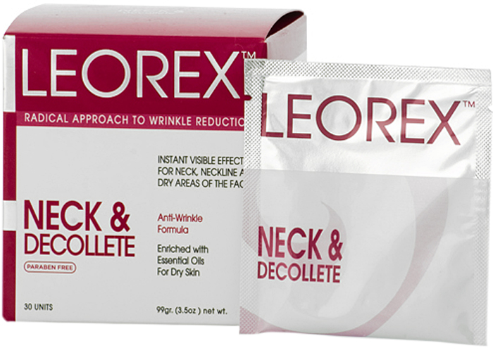 Leorex Neck Dеcolletе Гипоаллергенная нано-маска от морщин для шеи и зоны декольте, 3,3 мл х 30 шт7290011784102 Leorex Neck Dеcolletе Гипоаллергенная нано-маска от морщин для шеи и зоны декольте, 3,3 мл х 30 шт7290011784102Разработанная специалистами наноформула маски гипоаллергенна, активные компоненты и входящие в состав натуральные растительные масла предотвращают появление новых морщин, корректируют возрастные изменения, устраняют сухость и отечность кожи. Маска предназначена для эффективного разглаживания морщин, за счет нормализации лимфооттока, кровообращения в мелких капиллярах, снятия мышечного напряжения. Маска питает кожу, делает ее эластичной и упругой, глубоко проникая в слой эпидермиса. Средство можно использовать для устранения морщин не только в области шеи и декольте, но и наносить на носогубные складки. В составе находятся натуральные компоненты: масло жожоба, сладкого миндаля, шиповника и облепихи, а также экстракт ромашки, алоэ вера, арники, витамина А и Е, диоксид кремния и сульфат цинка. Перед нанесением необходимо активировать - размять пакетик перед его вскрытием до образования однородной консистенции, после этого нанести на очищенное лицо. Держать средство 15 минут, затем смыть.