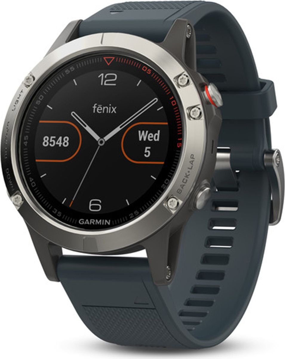 Часы спортивные Garmin Fenix 5, цвет: серый010-01688-01 Часы спортивные Garmin Fenix 5, цвет: серый010-01688-01Часы с GPS/ГЛОНАСС для повседневной жизни, приключений, фитнеса и спортаFenix 5 серебристые часы с синим ремешкомПремиум-часы с GPS/ГЛОНАСС, мультиспортивными тренировками и встроенным оптическим пульсометром Elevate1Созданы для активных приключений: прочный корпус со стальным безелем, кнопками и задней крышкой, защита от воды 100мВиджеты, которые показывают эффективность ход тренировок доступны одним касаниемСмарт функции2 - интеллектуальные оповещения, автоматическая загрузка в интернет-сообщество Garmin Connect и персонализация через загружаемые бесплатные циферблаты и приложения из магазина Connect IQВстроенные датчики: GPS и ГЛОНАСС, 3-х осевой магнитный компас, гироскоп, термометр, барометр и барометрический высотомерСрок работы от батареи: до двух недель в режиме умных часов (зависит от настроек), до 24 часов в режиме тренировки с GPS или до 60 часов в режиме экономии UltraTracСовершенствуйтесь весь день, каждый день. Fenix 5 - это высококачественные умные GPS-часы с мультиспортом, интеллектуальными уведомлениями2 и встроенным оптическим пульсометром на запястье1. Улучшенные функции фитнеса и быстросменные ремешки, которые позволяют вам уйти с рабочего места на тренировку, без задержек. Каким бы видом спорта вы не занимались, Fenix 5 его поддерживает, благодаря встроенным профилям деятельности и показателям производительности.Две системы навигацииFenix 5 оснащен улучшенным спутниковым приемником GPS и ГЛОНАСС для отслеживания местоположения в сложных условиях. Вы можете рассчитывать на длительное время автономной работы в каждом режиме работы (конкретное время зависит от модификации часов и настроек). Защита от воды 100м позволит вам с уверенностью путешествовать везде, где захочется.Отличная читаемость на ходуЯркий полноцветный дисплей Garmin Chroma Display со светодиодной подсветкой обеспечивает отличную читаемость при любых внешних условиях. Трансфлективная технология, которая одновременно отражает и передает свет, позволяет циферблату стать еще более читаемым при интенсивном солнечном свете. Версии Fenix sapphire отличаются наличием сапфирового стекла и Wi-Fi модуля, для автоматического подключения к домашней беспроводной сети и синхронизации тренировок сразу с Garmin Connect.Пульс на запястьеТехнология Elevate позволяет снимать данные о пульсе прямо с запястья без необходимости ношения нагрудного ремня. В дополнение к подсчету шагов и мониторингу сна, часы используют частоту сердечных сокращений, чтобы оценить количество сожженных калорий интенсивность ваших занятий фитнесом.Быстросменные ремешки подойдут к любому стилюШирокий выбор быстросменных ремешков QuickFit из кожи, металла или силикона позволяет легко сочетать или комбинировать стили с любым видом спорта или занятий. Для перестановки не нужно инструментов, просто оттяните защелку и поменяйте ремешки местами.Расширенные показатели эффективностиВ каждых часах Fenix 5 собраны сложные обучающие функции, которые помогают контролировать спортивную форму и показатели производительности. Улучшенная аналитика для статуса тренировки и тренировочного эффекта показывают аэробные и анаэробные значения вашей тренировки - так что вы можете видеть, эффективность ваших действий и даже сравнивать результаты с вашими сверстниками. Показатель VO2 max перерабатывает данные, включая вашу скорость бега, ударов в минуту и вариабельность сердечного ритма, чтобы оценить максимальный объем кислорода, который вы можете потреблять за минуту. Другие фитнес метрики включают советы восстановления с таймером восстановления и проверкой восстановления, плюс предсказатель гонки, который оценивает Ваше идеальное время окончания, основанное на Вашем текущем максимальном числе VO2.Продвинутая беговая динамикаТеперь можно анализировать еще больше беговых данных. Функции для тренировок совмещенные с продвинутыми физиологическими метриками и продвинутой беговой динамикой помогут вам улучшить вашу спортивную форму и общу