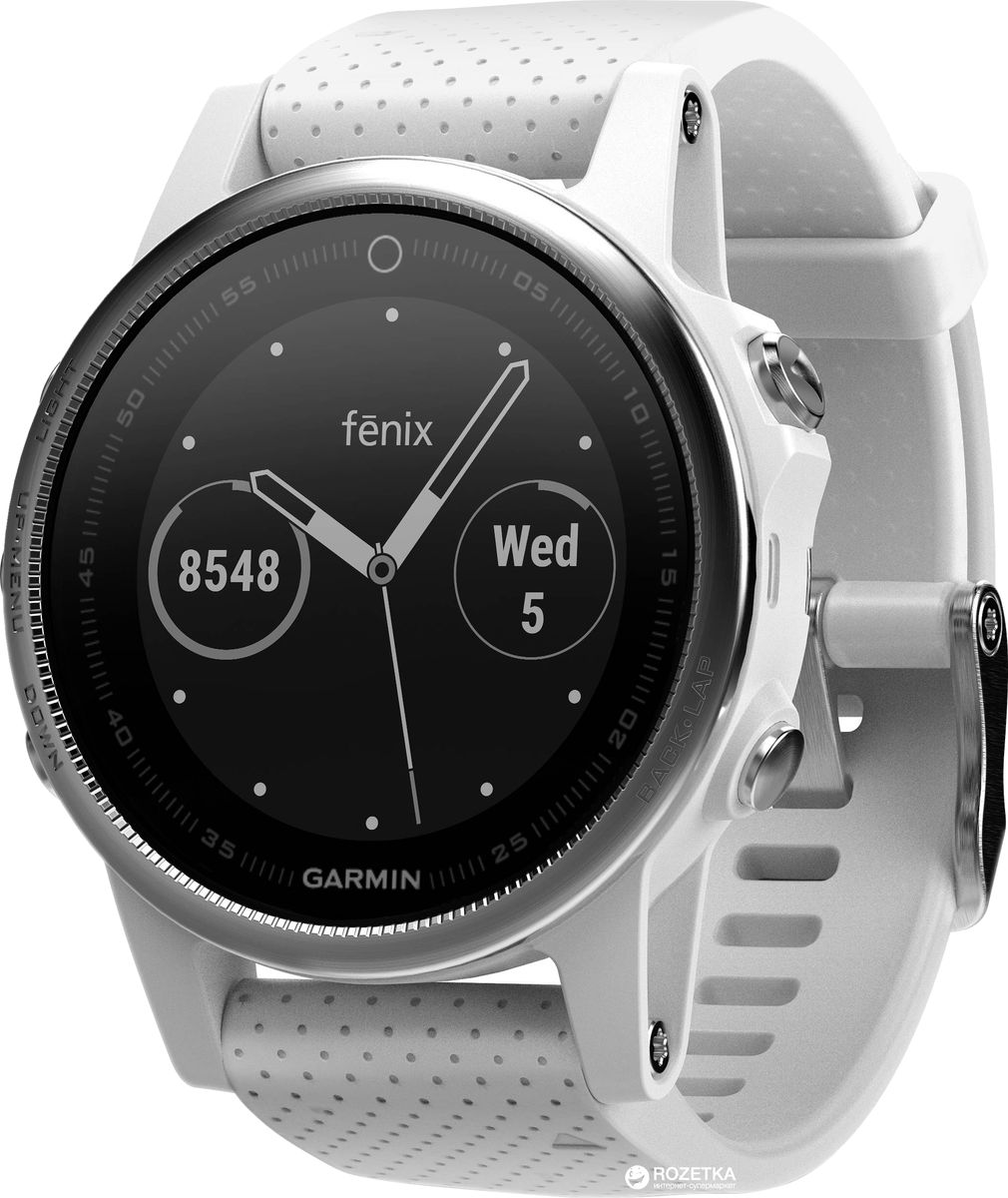 Часы спортивные Garmin Fenix 5S, цвет: белый010-01685-00 Часы спортивные Garmin Fenix 5S, цвет: белый010-01685-00Часы с GPS/ГЛОНАСС для повседневной жизни, приключений, фитнеса и спортаFenix 5S компактные часы (42мм) серебристые с черным ремешкомПремиум-часы с GPS/ГЛОНАСС, мультиспортивными тренировками и встроенным оптическим пульсометром Elevate1Созданы для активных приключений: прочный корпус со стальным безелем, кнопками и задней крышкой, защита от воды 100мВиджеты, которые показывают эффективность ход тренировок доступны одним касаниемСмарт функции2 - интеллектуальные оповещения, автоматическая загрузка в интернет-сообщество Garmin Connect и персонализация через загружаемые бесплатные циферблаты и приложения из магазина Connect IQВстроенные датчики: GPS и ГЛОНАСС, 3-х осевой магнитный компас, гироскоп, термометр, барометр и барометрический высотомерСрок работы от батареи: до двух недель в режиме умных часов (зависит от настроек), до 24 часов в режиме тренировки с GPS или до 60 часов в режиме экономии UltraTracСовершенствуйтесь весь день, каждый день. Fenix 5 - это высококачественные умные GPS-часы с мультиспортом, интеллектуальными уведомлениями2 и встроенным оптическим пульсометром на запястье1. Улучшенные функции фитнеса и быстросменные ремешки, которые позволяют вам уйти с рабочего места на тренировку, без задержек. Каким бы видом спорта вы не занимались, Fenix 5 его поддерживает, благодаря встроенным профилям деятельности и показателям производительности.Две системы навигацииFenix 5 оснащен улучшенным спутниковым приемником GPS и ГЛОНАСС для отслеживания местоположения в сложных условиях. Вы можете рассчитывать на длительное время автономной работы в каждом режиме работы (конкретное время зависит от модификации часов и настроек). Защита от воды 100м позволит вам с уверенностью путешествовать везде, где захочется.Отличная читаемость на ходуЯркий полноцветный дисплей Garmin Chroma Display со светодиодной подсветкой обеспечивает отличную читаемость при любых внешних условиях. Трансфлективная технология, которая одновременно отражает и передает свет, позволяет циферблату стать еще более читаемым при интенсивном солнечном свете. Версии Fenix sapphire отличаются наличием сапфирового стекла и Wi-Fi модуля, для автоматического подключения к домашней беспроводной сети и синхронизации тренировок сразу с Garmin Connect.Пульс на запястьеТехнология Elevate позволяет снимать данные о пульсе прямо с запястья без необходимости ношения нагрудного ремня. В дополнение к подсчету шагов и мониторингу сна, часы используют частоту сердечных сокращений, чтобы оценить количество сожженных калорий интенсивность ваших занятий фитнесом.Быстросменные ремешки подойдут к любому стилюШирокий выбор быстросменных ремешков QuickFit из кожи, металла или силикона позволяет легко сочетать или комбинировать стили с любым видом спорта или занятий. Для перестановки не нужно инструментов, просто оттяните защелку и поменяйте ремешки местами.Расширенные показатели эффективностиВ каждых часах Fenix 5 собраны сложные обучающие функции, которые помогают контролировать спортивную форму и показатели производительности. Улучшенная аналитика для статуса тренировки и тренировочного эффекта показывают аэробные и анаэробные значения вашей тренировки - так что вы можете видеть, эффективность ваших действий и даже сравнивать результаты с вашими сверстниками. Показатель VO2 max перерабатывает данные, включая вашу скорость бега, ударов в минуту и вариабельность сердечного ритма, чтобы оценить максимальный объем кислорода, который вы можете потреблять за минуту. Другие фитнес метрики включают советы восстановления с таймером восстановления и проверкой восстановления, плюс предсказатель гонки, который оценивает Ваше идеальное время окончания, основанное на Вашем текущем максимальном числе VO2.Продвинутая беговая динамикаТеперь можно анализировать еще больше беговых данных. Функции для тренировок совмещенные с продвинутыми физиологическими метриками и продвинутой беговой динамикой помогут вам улучшить вашу спо