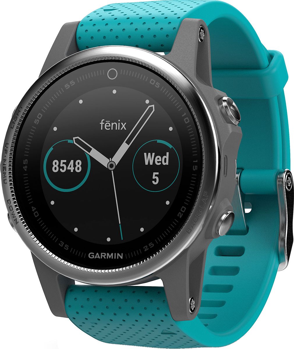 Часы спортивные Garmin Fenix 5S, цвет: серебристый. 010-01685-01010-01685-01 Часы спортивные Garmin Fenix 5S, цвет: серебристый. 010-01685-01010-01685-01Часы с GPS/ГЛОНАСС для повседневной жизни, приключений, фитнеса и спортаFenix 5S компактные часы (42мм) серебристые с бирюзовым ремешкомПремиум-часы с GPS/ГЛОНАСС, мультиспортивными тренировками и встроенным оптическим пульсометром Elevate1Созданы для активных приключений: прочный корпус со стальным безелем, кнопками и задней крышкой, защита от воды 100мВиджеты, которые показывают эффективность ход тренировок доступны одним касаниемСмарт функции2 - интеллектуальные оповещения, автоматическая загрузка в интернет-сообщество Garmin Connect и персонализация через загружаемые бесплатные циферблаты и приложения из магазина Connect IQВстроенные датчики: GPS и ГЛОНАСС, 3-х осевой магнитный компас, гироскоп, термометр, барометр и барометрический высотомерСрок работы от батареи: до двух недель в режиме умных часов (зависит от настроек), до 24 часов в режиме тренировки с GPS или до 60 часов в режиме экономии UltraTracСовершенствуйтесь весь день, каждый день. Fenix 5 - это высококачественные умные GPS-часы с мультиспортом, интеллектуальными уведомлениями2 и встроенным оптическим пульсометром на запястье1. Улучшенные функции фитнеса и быстросменные ремешки, которые позволяют вам уйти с рабочего места на тренировку, без задержек. Каким бы видом спорта вы не занимались, Fenix 5 его поддерживает, благодаря встроенным профилям деятельности и показателям производительности.Две системы навигацииFenix 5 оснащен улучшенным спутниковым приемником GPS и ГЛОНАСС для отслеживания местоположения в сложных условиях. Вы можете рассчитывать на длительное время автономной работы в каждом режиме работы (конкретное время зависит от модификации часов и настроек). Защита от воды 100м позволит вам с уверенностью путешествовать везде, где захочется.Отличная читаемость на ходуЯркий полноцветный дисплей Garmin Chroma Display со светодиодной подсветкой обеспечивает отличную читаемость при любых внешних условиях. Трансфлективная технология, которая одновременно отражает и передает свет, позволяет циферблату стать еще более читаемым при интенсивном солнечном свете. Версии Fenix sapphire отличаются наличием сапфирового стекла и Wi-Fi модуля, для автоматического подключения к домашней беспроводной сети и синхронизации тренировок сразу с Garmin Connect.Пульс на запястьеТехнология Elevate позволяет снимать данные о пульсе прямо с запястья без необходимости ношения нагрудного ремня. В дополнение к подсчету шагов и мониторингу сна, часы используют частоту сердечных сокращений, чтобы оценить количество сожженных калорий интенсивность ваших занятий фитнесом.Быстросменные ремешки подойдут к любому стилюШирокий выбор быстросменных ремешков QuickFit из кожи, металла или силикона позволяет легко сочетать или комбинировать стили с любым видом спорта или занятий. Для перестановки не нужно инструментов, просто оттяните защелку и поменяйте ремешки местами.Расширенные показатели эффективностиВ каждых часах Fenix 5 собраны сложные обучающие функции, которые помогают контролировать спортивную форму и показатели производительности. Улучшенная аналитика для статуса тренировки и тренировочного эффекта показывают аэробные и анаэробные значения вашей тренировки - так что вы можете видеть, эффективность ваших действий и даже сравнивать результаты с вашими сверстниками. Показатель VO2 max перерабатывает данные, включая вашу скорость бега, ударов в минуту и вариабельность сердечного ритма, чтобы оценить максимальный объем кислорода, который вы можете потреблять за минуту. Другие фитнес метрики включают советы восстановления с таймером восстановления и проверкой восстановления, плюс предсказатель гонки, который оценивает Ваше идеальное время окончания, основанное на Вашем текущем максимальном числе VO2.Продвинутая беговая динамикаТеперь можно анализировать еще больше беговых данных. Функции для тренировок совмещенные с продвинутыми физиологическими метриками и продвинутой беговой динамикой помогут вам улучшить вашу