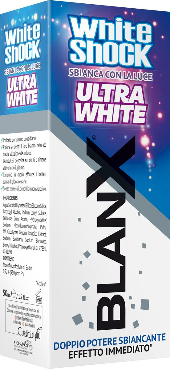 BlanX Зубная паста White Shock Ultra White, 50 млGA1345400 BlanX Зубная паста White Shock Ultra White, 50 млGA1345400BlanX White Shock Ultra White – уникальная, интенсивного действия отбеливающая зубная паста. Предназначена для применения днем. Быстро, эффективно, безопасно возвращает зубам их натуральную белизну. В пасте используется специальная разработка BlanX – компонент ActiluX, который активируется дневным светом. ActiluX накапливается на зубной эмали и продолжает отбеливать зубы каждый раз, когда на них падают лучи дневного света. Отбеливание происходит в два этапа – пастой и светодиодным активатором, который также содержит частицы ActiluX и двойную Blue-формулу. Можно регулярно чистить зубы пастой, а активатор использовать в течение минуты после чистки, что позволит значительно усилить эффект отбеливания. Способ использования: Желательно использовать BlanX White Shock Ultra White в течение 2 недель каждые 3 месяца. Светодиодный активатор, на который нанесено немного пасты, на 1 – 10 минут подносится к зубам. Результат проявляется уже после первых применений.