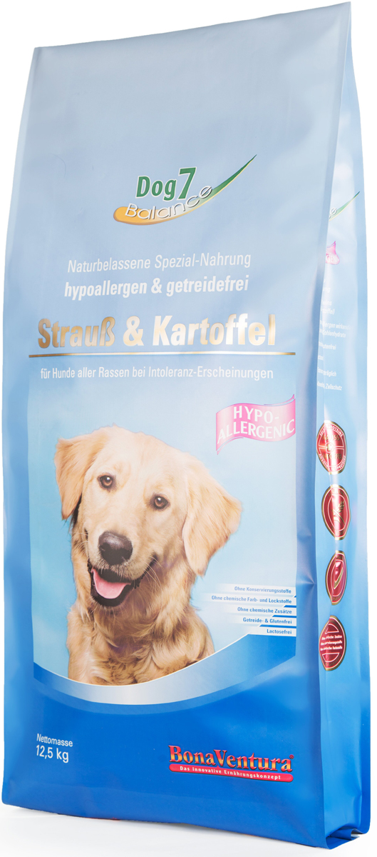 Корм сухой BonaVentura Dog 7 Hipo Allergenic для собак, гипоаллергенный, со страусом и картофелем, 12,5 кг205712 Корм сухой BonaVentura Dog 7 Hipo Allergenic для собак, гипоаллергенный, со страусом и картофелем, 12,5 кг205712Корм сухой BonaVentura Dog 7 Hipo Allergenic - это натуральный гиппоаллергенный корм для собак. Корм произведен в Германии из продуктов, пригодных в пищу человека, по специальной технологии схожей с технологией Sous Vide. При изготовлении сохраняются все натуральные витамины и минералы. Это достигается благодаря бережной обработке всех ингредиентов при температуре менее 80°С. Такая бережная обработка продуктов не стерилизует продуктовые компоненты. Благодаря этому корма не нуждаются ни в каких дополнительных вкусовых добавках и сохраняют все необходимые полезные вещества. Особенности:- При производстве кормов используются исключительно свежие натуральные продукты: мясо, овощи и зерновые; - Приготовлено из 100% свежего мяса, пригодного в пищу человеку; - Содержит натуральные витамины, аминокислоты, минеральные вещества и микроэлементы; - С экстрактом масла зародышей зерна пшеницы холодного отжима (Bio-Dura); - Без химических красителей, усилителей вкуса, искусственных консервантов и химических добавок; - Без ГМО; - Без мясокостной муки; - Без сои.Состав: свежее мясо, печень, сердце страуса 75%, натуральный картофель 20%, пивные дрожжи, витамины и минералы.Пищевая ценность: Белки 22,2%, Жиры 7,9%, Клетчатка 3,8%, Зола 6,9%, Влажность 9,0%, Кальций 1,6%, Фосфор 0,9%, Витамин B1 3,0 мг/кг, Витамин B6 5,0 мг/кг, Витамин B12 35 мкг/кг, Биотин 320 мкг/кг, Железо 100 мг/кг, Медь 10,5 мг/кг, Селен 0,35 мг/кг.Товар сертифицирован.