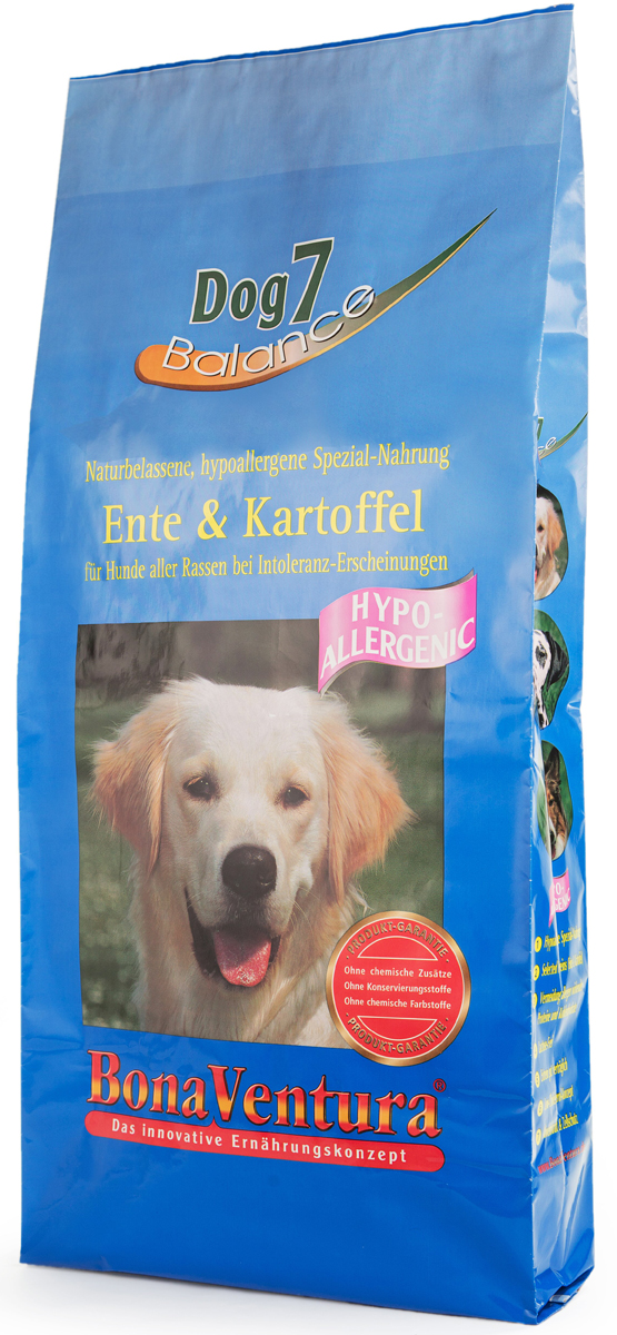 Корм сухой BonaVentura Dog 7 Hipo Allergenic для собак, гипоаллергенный, с уткой и картофелем, 12,5 кг205812 Корм сухой BonaVentura Dog 7 Hipo Allergenic для собак, гипоаллергенный, с уткой и картофелем, 12,5 кг205812Натуральный сухой корм BonaVentura Dog 7 Hipo Allergenic предназначен для собак, склонных к аллергии. Он произведен из продуктов, пригодных в пищу человека по специальной технологии, схожей с технологией Sous Vide. Благодаря технологии при изготовлении сохраняются все натуральные витамины и минералы. Это достигается благодаря бережной обработке всех ингредиентов при температуре менее 80 градусов. Такая бережная обработка продуктов не стерилизует продуктовые компоненты. Благодаря этому корма не нуждаются ни в каких дополнительных вкусовых добавках и сохраняют все необходимые полезные вещества. При производстве кормов используются исключительно свежие натуральные продукты: мясо, овощи и зерновые;Приготовлено из 100% свежего мяса, пригодного в пищу человеку;Содержит натуральные витамины, аминокислоты, минеральные вещества и микроэлементы;С экстрактом масла зародышей зерна пшеницы холодного отжима (Bio-Dura);Без химических красителей, усилителей вкуса, искусственных консервантов и химических добавок;Без ГМО;Без мясокостной муки;Без сои.Товар сертифицирован.