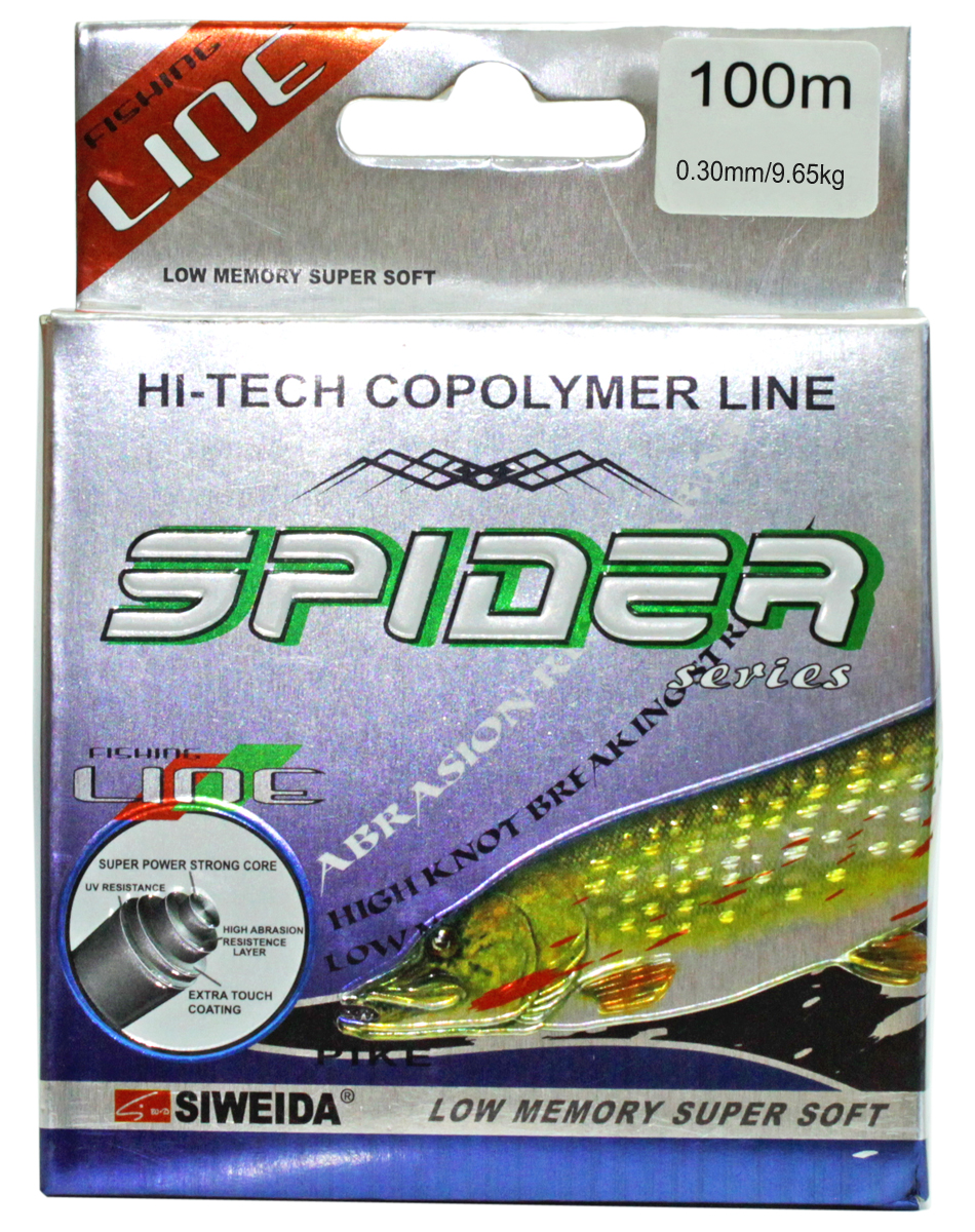 Леска SWD Spider Pike, цвет: зеленый, длина 100 м, сечение 0,3 мм, нагрузка 9,65 кг5252302 Леска SWD Spider Pike, цвет: зеленый, длина 100 м, сечение 0,3 мм, нагрузка 9,65 кг5252302Монофильная леска высшего качества сечением 0,30 мм (разрывная нагрузка 9,65 кг) в размотке по 100 м (индивидуальная упаковка). Не имеет механической памяти. Отличается повышенной прочностью на узле, высокой сопротивляемостью к истиранию и воздействию ультрафиолетовых лучей. Цвет - зеленый. Рекомендуется для ловли щуки.