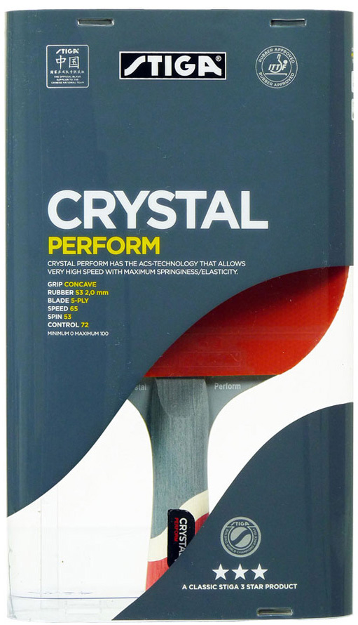 Ракетка для настольного тенниса Stiga Crystal Perform WRB1586-01 Ракетка для настольного тенниса Stiga Crystal Perform WRB1586-01Ракетка Crystal Perform от известной компании Stiga станет прекрасным помощником на пути к вершинам профессионального тенниса. Она позволяет вести игру из различных зон, точно рассчитывая удары. Ее основание изготовлено из высококачественного шпона натурального дерева. Мягкая и эластичная губка накладок составляет 2 мм в толщину. В нашем интернет-магазине можно купить ракетку для тенниса с идеальным балансом вращения, скорости и контроля. Скорость: 65 Вращение: 53 Контроль: 72