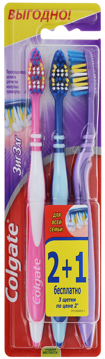 Colgate Зубная щетка Зиг-Заг, средней жесткости, 2+1, цвет: синий, зеленый, сиреневыйFVN59964_синий, зеленый, сиреневый Colgate Зубная щетка Зиг-Заг, средней жесткости, 2+1, цвет: синий, зеленый, сиреневыйFVN59964_синий, зеленый, сиреневыйПерекрещивающиеся щетинки зубной щетки Colgate Зиг-Заг глубоко и эффективно очищают межзубные промежутки.Удлиненные щетинки на кончике позволяют удалять налет с задних зубов, наиболее подверженных кариесу.Товар сертифицирован.