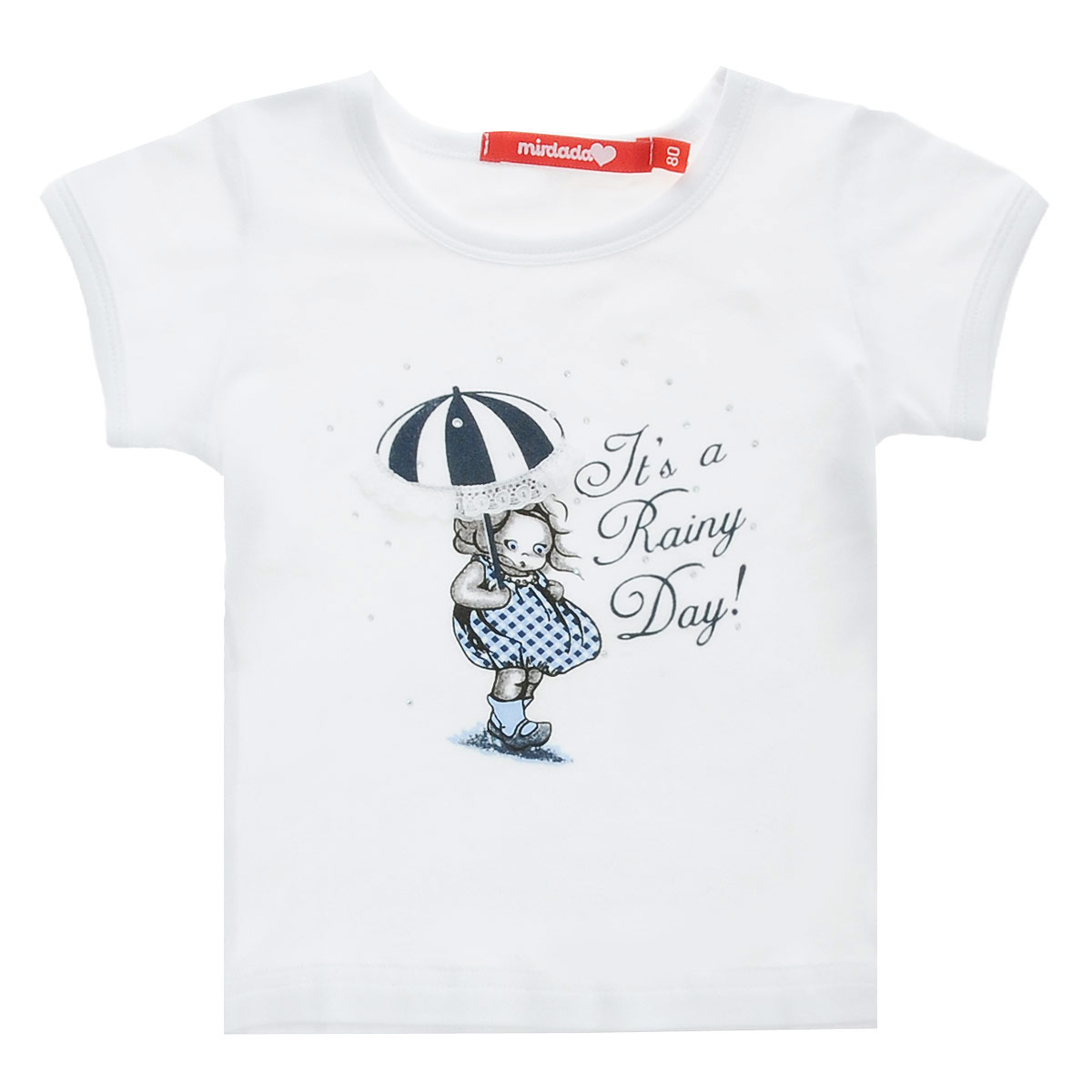 Футболка для девочки Mirdada Rainy, цвет: белый. 10-31. Размер 9810-31 Футболка для девочки Mirdada Rainy, цвет: белый. 10-31. Размер 9810-31Оригинальная футболка для девочки Mirdada Rainy идеально подойдет вашей маленькой принцессе. Изготовленная из эластичного хлопка, она необычайно мягкая и приятная на ощупь, не сковывает движения малышки и позволяет коже дышать, не раздражает даже самую нежную и чувствительную кожу ребенка, обеспечивая ему наибольший комфорт. Футболка с короткими рукавами и круглым вырезом горловины спереди оформлена оригинальным рисунком девочки с зонтиком, декорированным россыпью страз, и надписью Its a Rainy Day!.Оригинальный современный дизайн и модная расцветка делают эту футболку модным и стильным предметом детского гардероба. В ней ваша малышка будет чувствовать себя уютно и комфортно, и всегда будет в центре внимания!