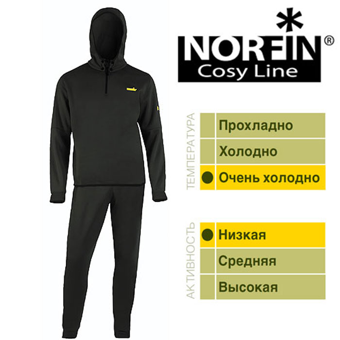 Комплект термобелья мужской Norfin Cosy Line, цвет: черный. 300710. Размер XXXXL (68/70)300710 Комплект термобелья мужской Norfin Cosy Line, цвет: черный. 300710. Размер XXXXL (68/70)300710Термобелье Norfin Cosy Line.Нижнее толстое раздельное термобелье. Мягкий, легкий и дышащий материал обеспечивает комфортные условия для тела при пониженных температурах. Оно надевается только на тонкое термобелье. После интенсивной работы или продолжительного передвижения, испаринедостаточно 15 – 20 минут для выхода наружу, при условии, что верхняя одежда – мембрана. Тело становится сухим и не замерзнет на холоде. Поэтому, под термобелье ни в коем случае не поддевается хлопчатобумажная нижняя одежда, которая впитывает влагу и остается влажной длительное время.Особенности:Капюшон крепится к кофте на кнопках.Фиксатор, стягивающий капюшон.Надежная застежка-молния.Пластиковые кнопки. Эластичный пояс.Эластичные манжеты на рукавах и штанах.