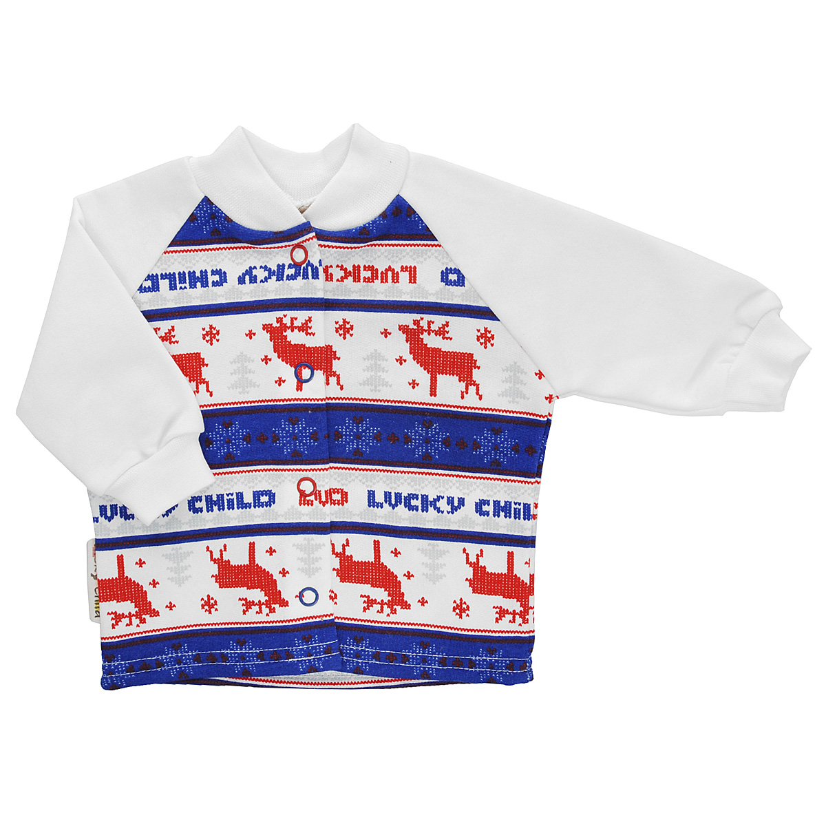 Кофточка детская Lucky Child, цвет: молочный, синий, красный. 10-12_легкая. Размер 56/6210-12_легкая Кофточка детская Lucky Child, цвет: молочный, синий, красный. 10-12_легкая. Размер 56/6210-12_легкаяКофточка для новорожденного Lucky Child с длинными рукавами-реглан послужит идеальным дополнением к гардеробу вашего малыша, обеспечивая ему наибольший комфорт. Изготовленная из натурального хлопка, она необычайно мягкая и легкая, не раздражает нежную кожу ребенка и хорошо вентилируется, а эластичные швы приятны телу малыша и не препятствуют его движениям. Удобные застежки-кнопки по всей длине помогают легко переодеть младенца. Рукава понизу дополнены широкими трикотажными манжетами, не стягивающими запястья. Оформлена модель модным скандинавским принтом. Кофточка полностью соответствует особенностям жизни ребенка в ранний период, не стесняя и не ограничивая его в движениях. В ней ваш младенец всегда будет в центре внимания.