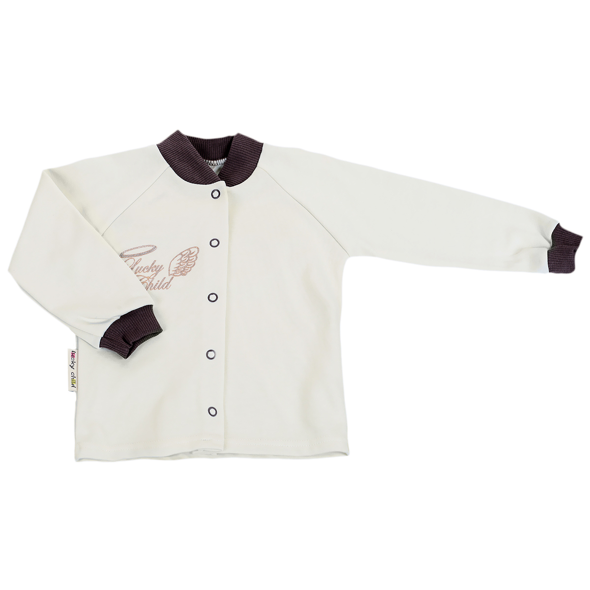 Кофточка детская Lucky Child Ангелы, цвет: молочный. 17-12. Размер 74/8017-12 Кофточка детская Lucky Child Ангелы, цвет: молочный. 17-12. Размер 74/8017-12Кофточка для новорожденного Lucky Child Ангелы с длинными рукавами-реглан послужит идеальным дополнением к гардеробу вашего малыша, обеспечивая ему наибольший комфорт. Изготовленная из интерлока - натурального хлопка, она необычайно мягкая и легкая, не раздражает нежную кожу ребенка и хорошо вентилируется, а эластичные швы приятны телу малыша и не препятствуют его движениям. Удобные застежки-кнопки по всей длине помогают легко переодеть младенца. Рукава понизу и вырез горловины дополнены широкими трикотажными резинками.Кофточка на груди оформлена надписью в виде логотипа бренда и изображением крылышек, а на спинке дополнена текстильными крылышками, вышитыми металлизированной нитью. Кофточка полностью соответствует особенностям жизни ребенка в ранний период, не стесняя и не ограничивая его в движениях. В ней ваш малыш всегда будет в центре внимания.
