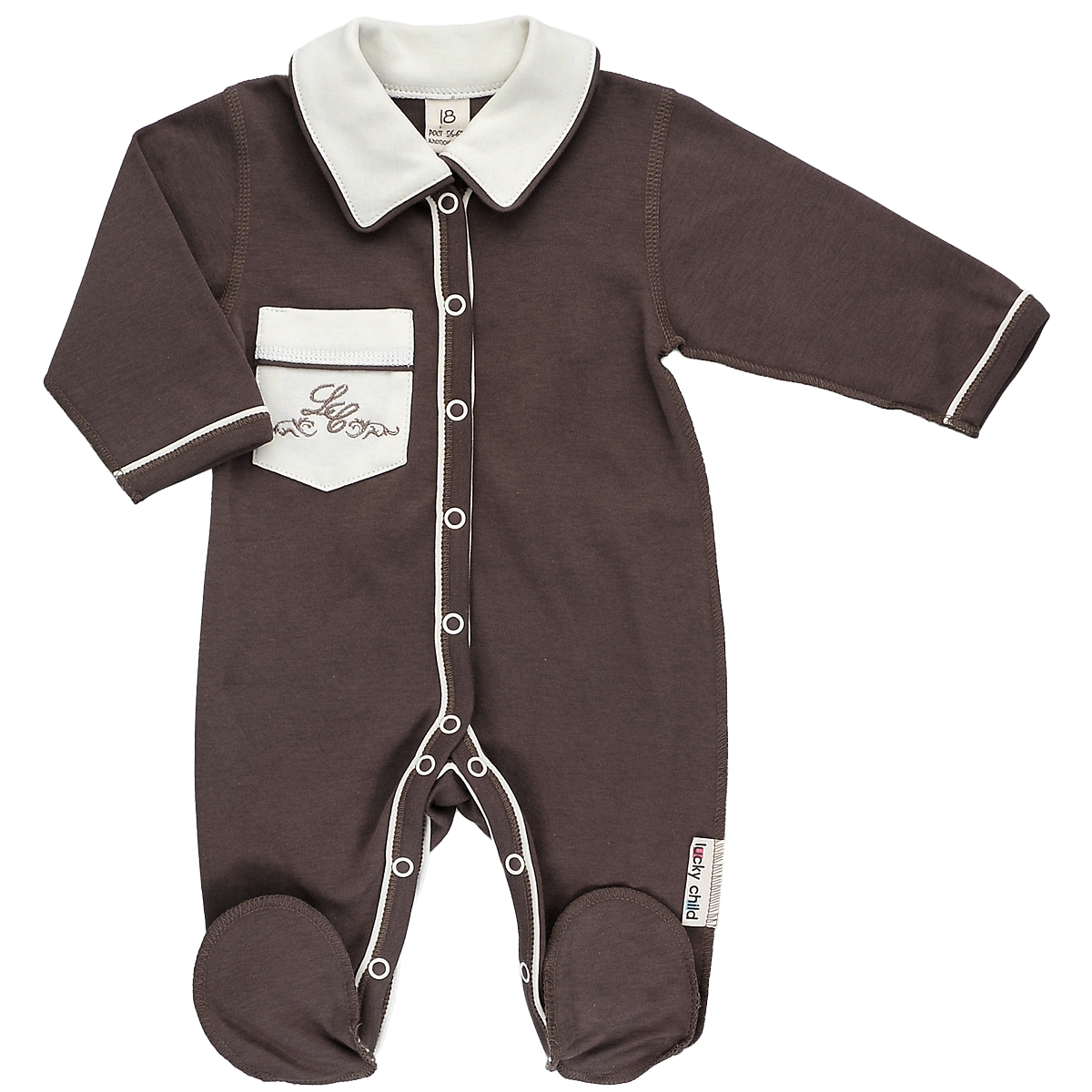 Комбинезон для мальчика Lucky Child, цвет: кофейный. 20-1. Размер 80/8620-1 Комбинезон для мальчика Lucky Child, цвет: кофейный. 20-1. Размер 80/8620-1Детский комбинезон Lucky Child - очень удобный и практичный вид одежды для малышей. Комбинезон выполнен из натурального хлопка, благодаря чему он необычайно мягкий и приятный на ощупь, не раздражает нежную кожу ребенка и хорошо вентилируется, а плоские швы приятны телу ребенка и не препятствуют его движениям.Комбинезон с длинными рукавами, отложным воротничком и закрытыми ножками, выполнен швами наружу. Он застегивается на кнопки от горловины до щиколоток, благодаря чему переодеть младенца или сменить подгузник будет легко.Низ рукавов и планка с кнопками дополнены контрастными вставками. Спереди на комбинезоне имеется накладной кармашек, декорированный вышивкой. Воротник выполнен в контрастном цвете.С детским комбинезоном спинка и ножки вашего ребенка всегда будут в тепле, он идеален для использования днем и незаменим ночью. Комбинезон полностью соответствует особенностям жизни младенца в ранний период, не стесняя и не ограничивая его в движениях!